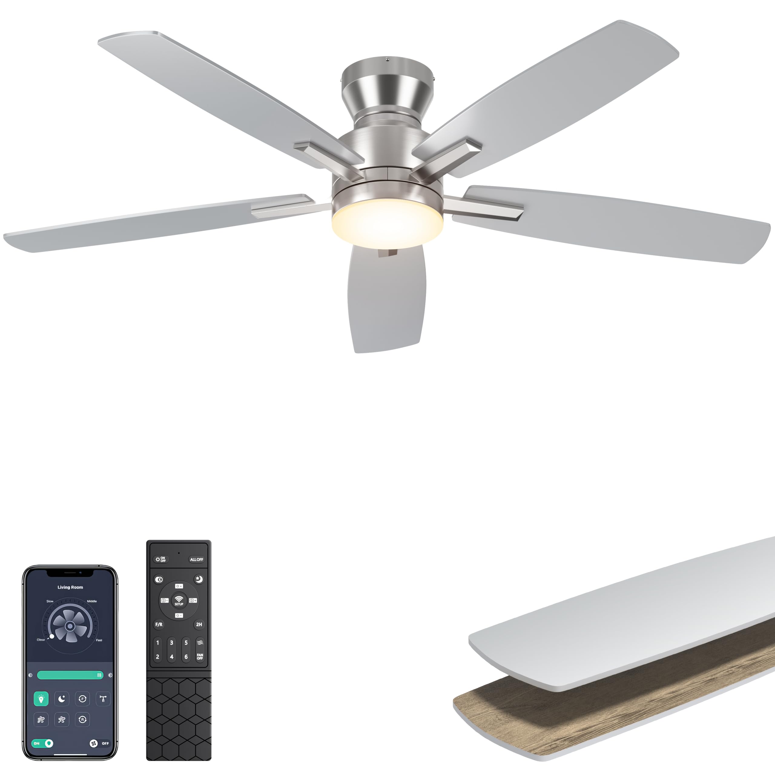 Ohniyou Ceiling Fans with Lights, 52'' Low Profile Ceiling Fan with Light and Remote/APP Control, Modern Flush Mount Ceiling Fan for Indoor Bedroom