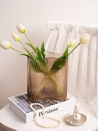 Miniatura 9 de Jarrón de vidrio para centros de mesa, moderno jarrón grande para flores, botella a rayas en forma de huella para el hogar, oficina, restaurante,