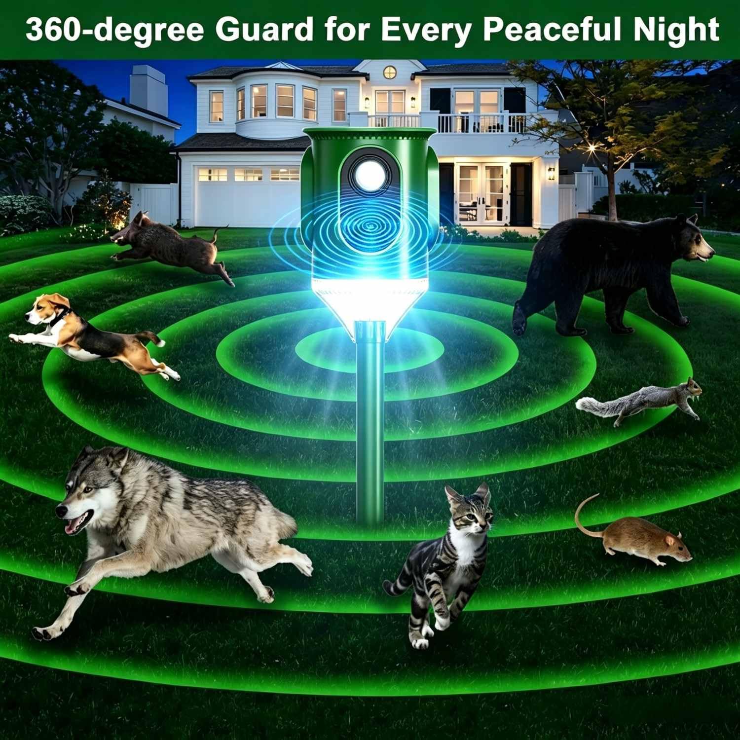 2X Repelente Solar ultrasónico 360° con luz Intermitente,Activado por Movimiento,Impermeable para jardín contra Gatos,Perros,Ardillas,mapaches,mofetas,Conejos y Coyotes