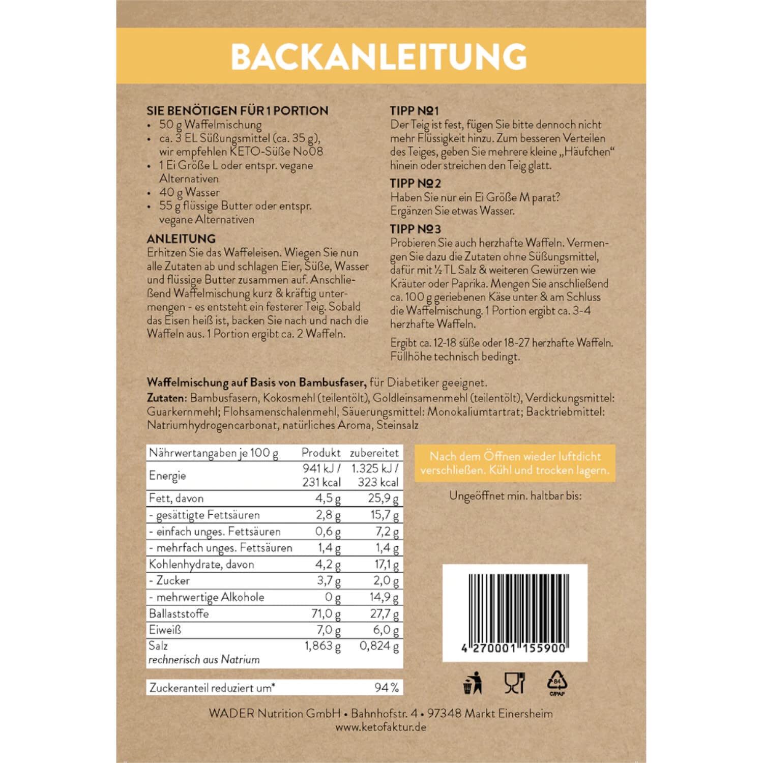 KETOFAKTUR® Backmischung WAFFELN No10 | 6 Packungen à 300g I 94% zuckerreduziert | KETOGEN | GLUTENFREI | VEGAN | Waffelmischung ohne Zuckerzusatz | low carb high fat | Paleo I Diabetiker geeignet