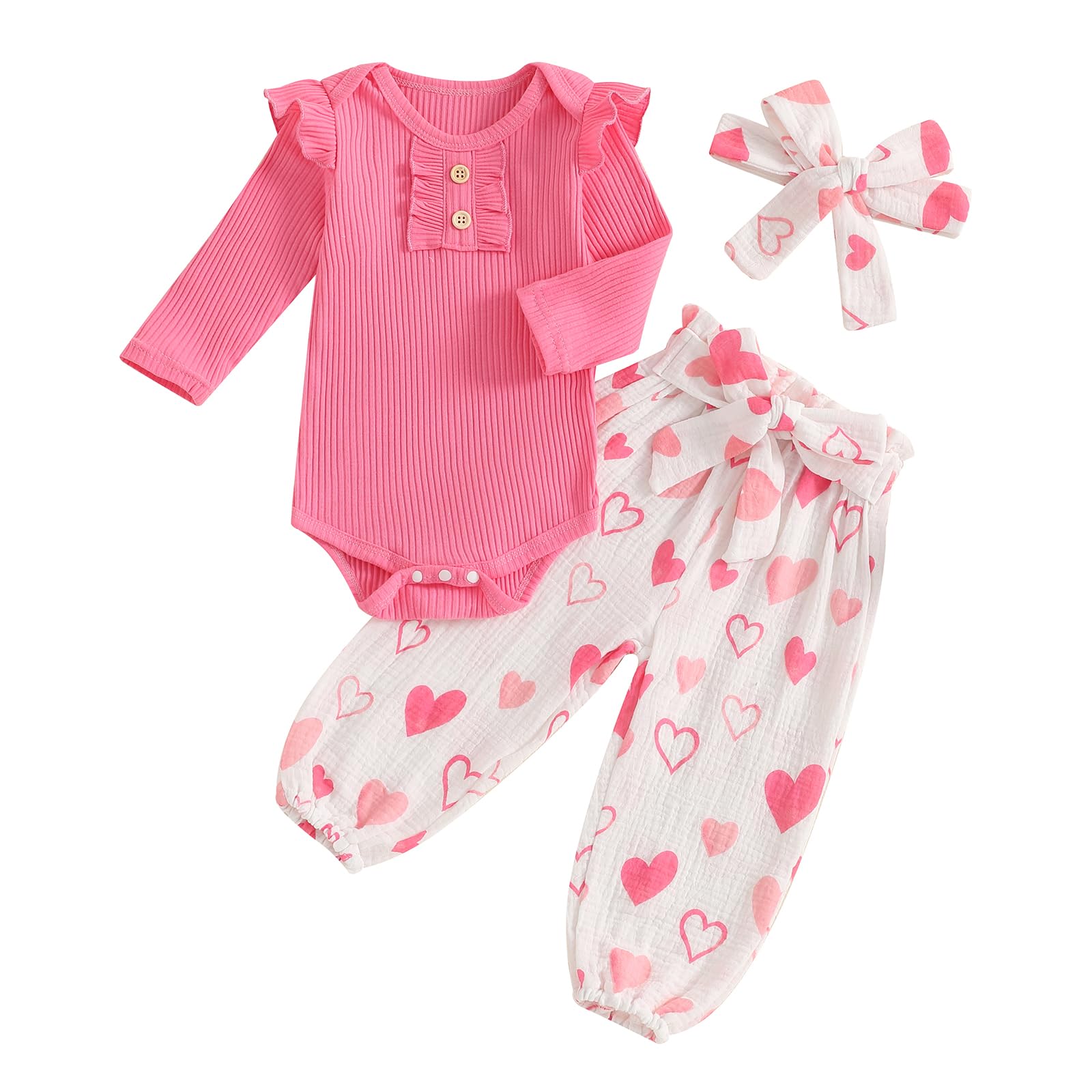 Rtnnsbbfcm Newborn Baby Girl Valentines Day Outfit Long Sleeve Ribbed Romper Heart Print Pants Headband 3Pcs Set