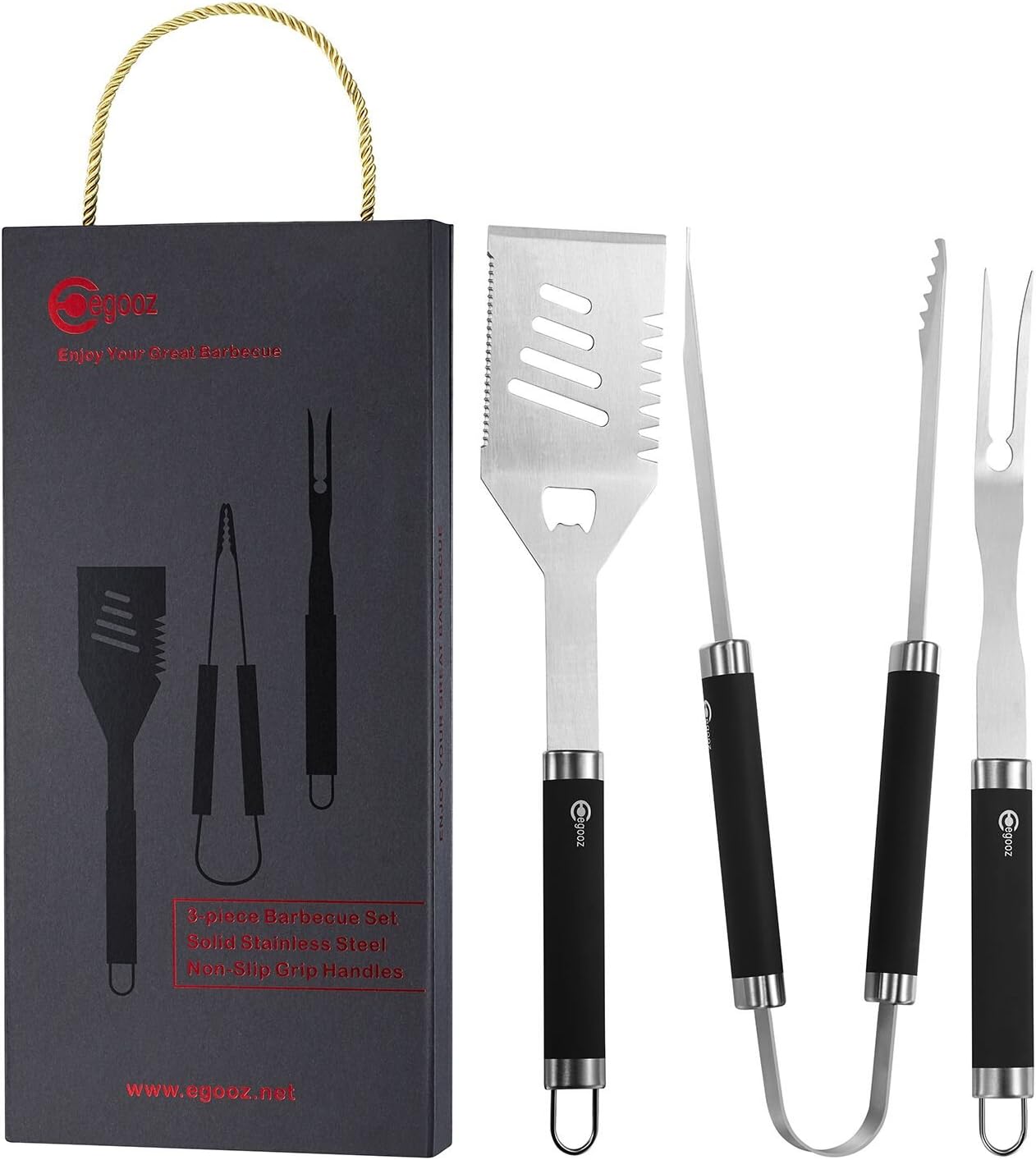 E EGOOZ Grill Tool Set/BBQ Tool Set/Barbecue Tool Set Wonderful Grill BBQ Gift Classic 3-Piece Stainless Steel Barbecue Utensils include Spatula, Tongs and Fork in Gift Box