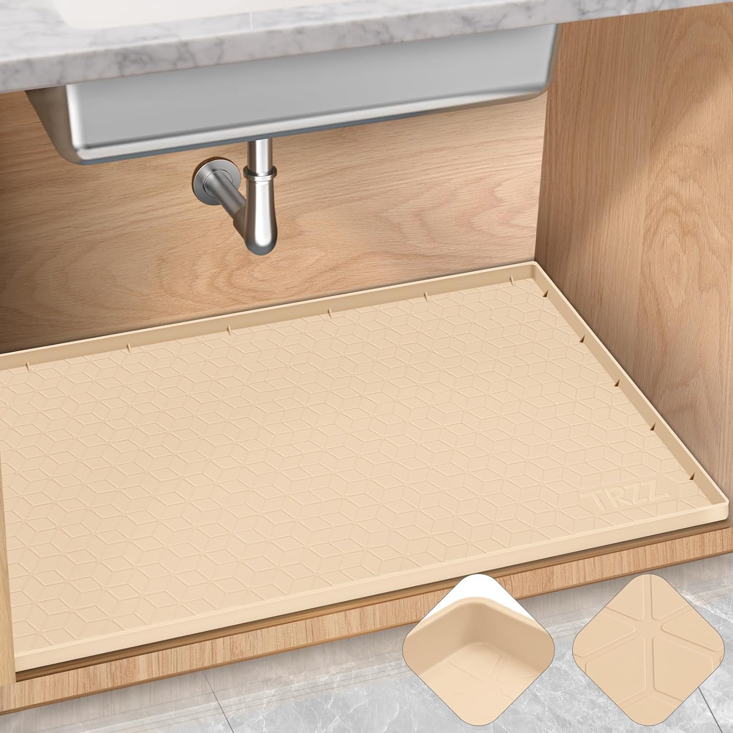 TRZZ Silicone Waterproof Under Sink Mat 34" x 22", Drip Tray and Cabinet Liner for Kitchen and Bathroom, Prevents Water Damage and Organizes Cabinets (Beige) Beige 22"W x 34"L