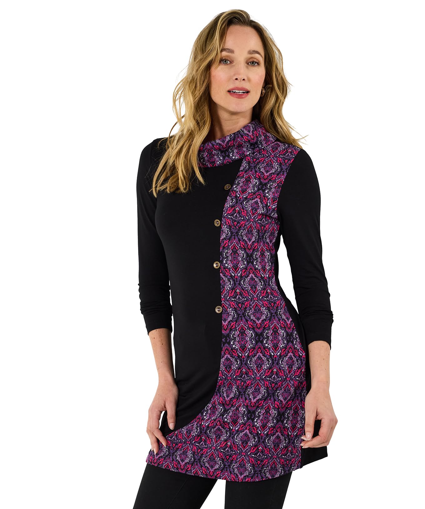 Joe Browns Women's Button Detail Floral Jacquard Cowl-Neck Tunic Top, Regular, Black, UK 12