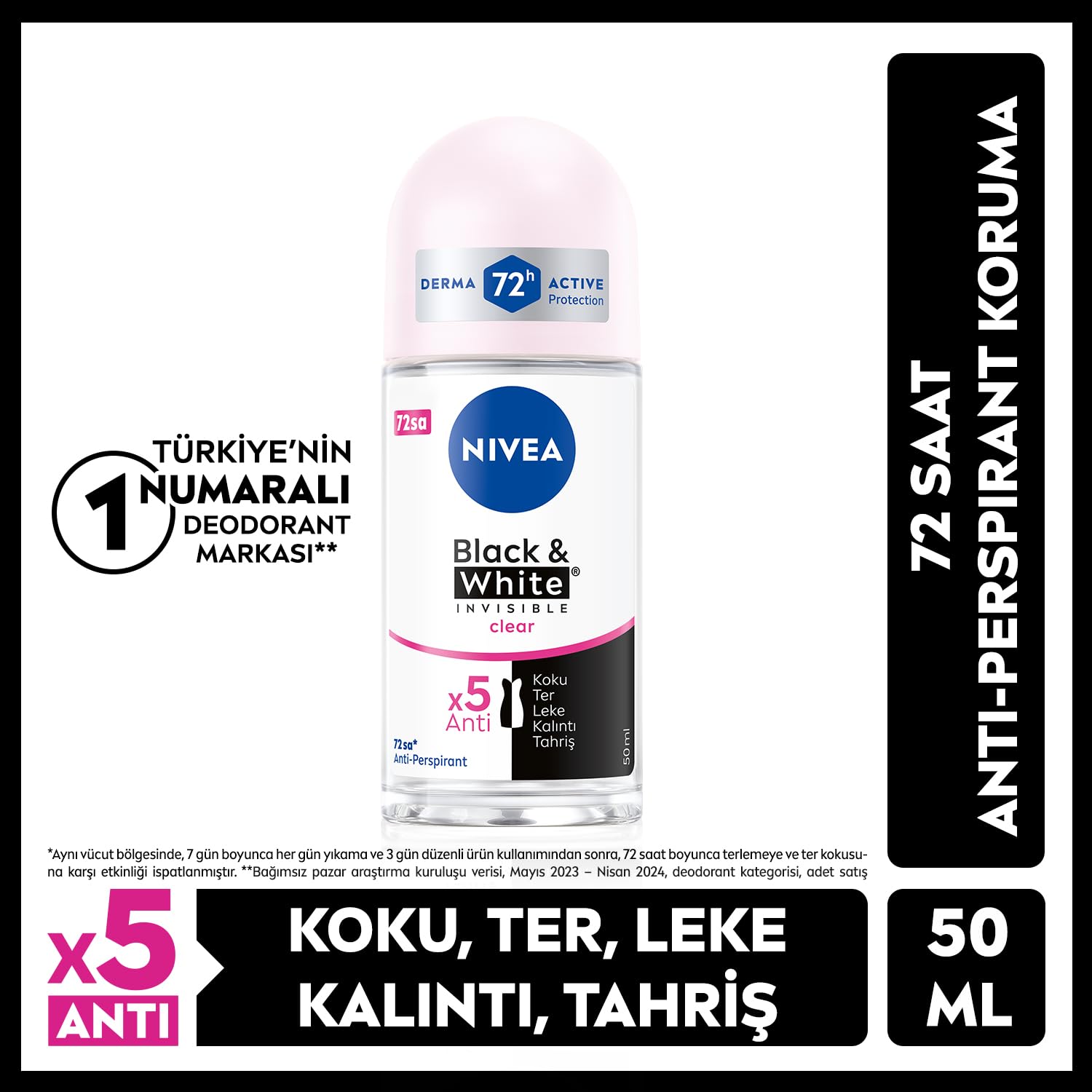 NIVEA Kadın Roll On Deodorant Pearl & Beauty 48 Saat Anti-perspirant Koruma (50 ml) + NIVEA Kadın Roll On Deodorant Black & White Invisible Clear 48 Saat Anti-Perspirant Koruma (50 ml) X2