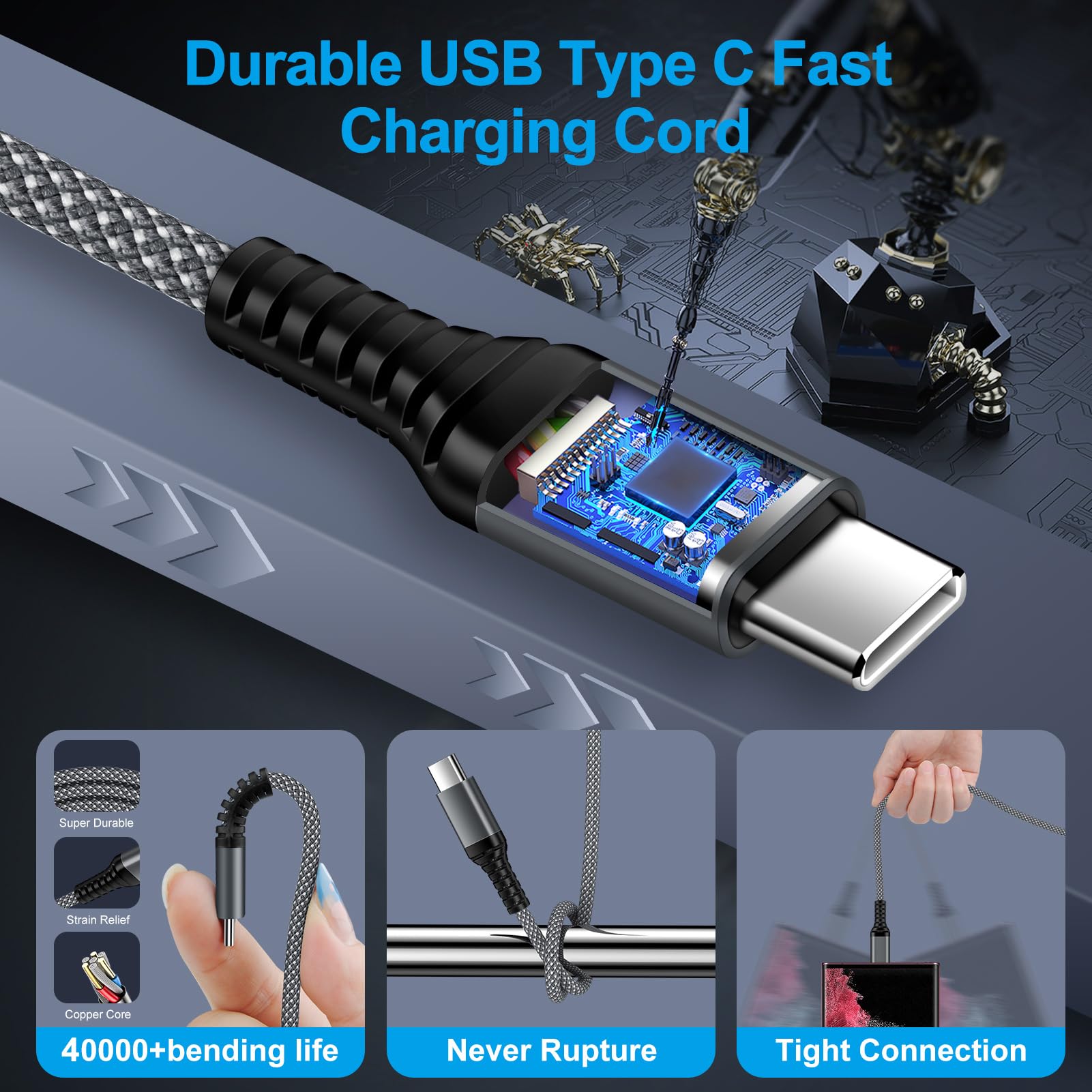 Cable de carga USB A a USB C para iPhone 17 16 15 Pro Max Air 16e 16 15 Plus Cable Carplay para coche, cable trenzado de carga rápida para Galaxy S25 A17 A16