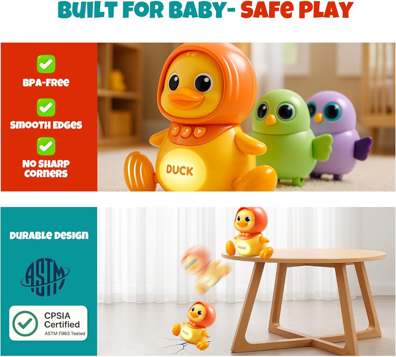 Crawling Duck Baby Toy with Music & Lights, Waddling Follow Duck Tummy Time Toy for Infants 6–12 Months, Developmental Learning Gift for 1 Year Old Toddlers Boys Girls