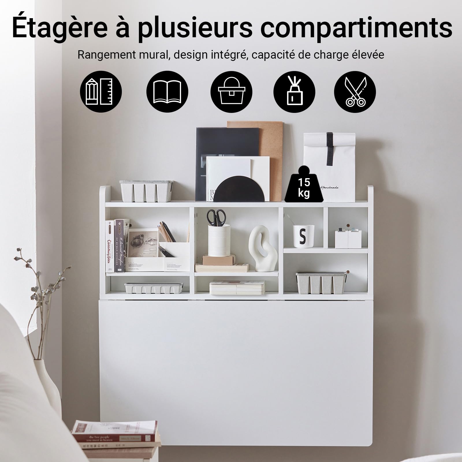 SoBuy Table Pliante Murale avec étagère, Table de Cuisine et Petite Table à Manger pour Petite Cuisine, Salle à Manger ou Studio, Table Gain de Place Blanche 90x60 cm, env. 90x78x60 cm FWT07-II-W