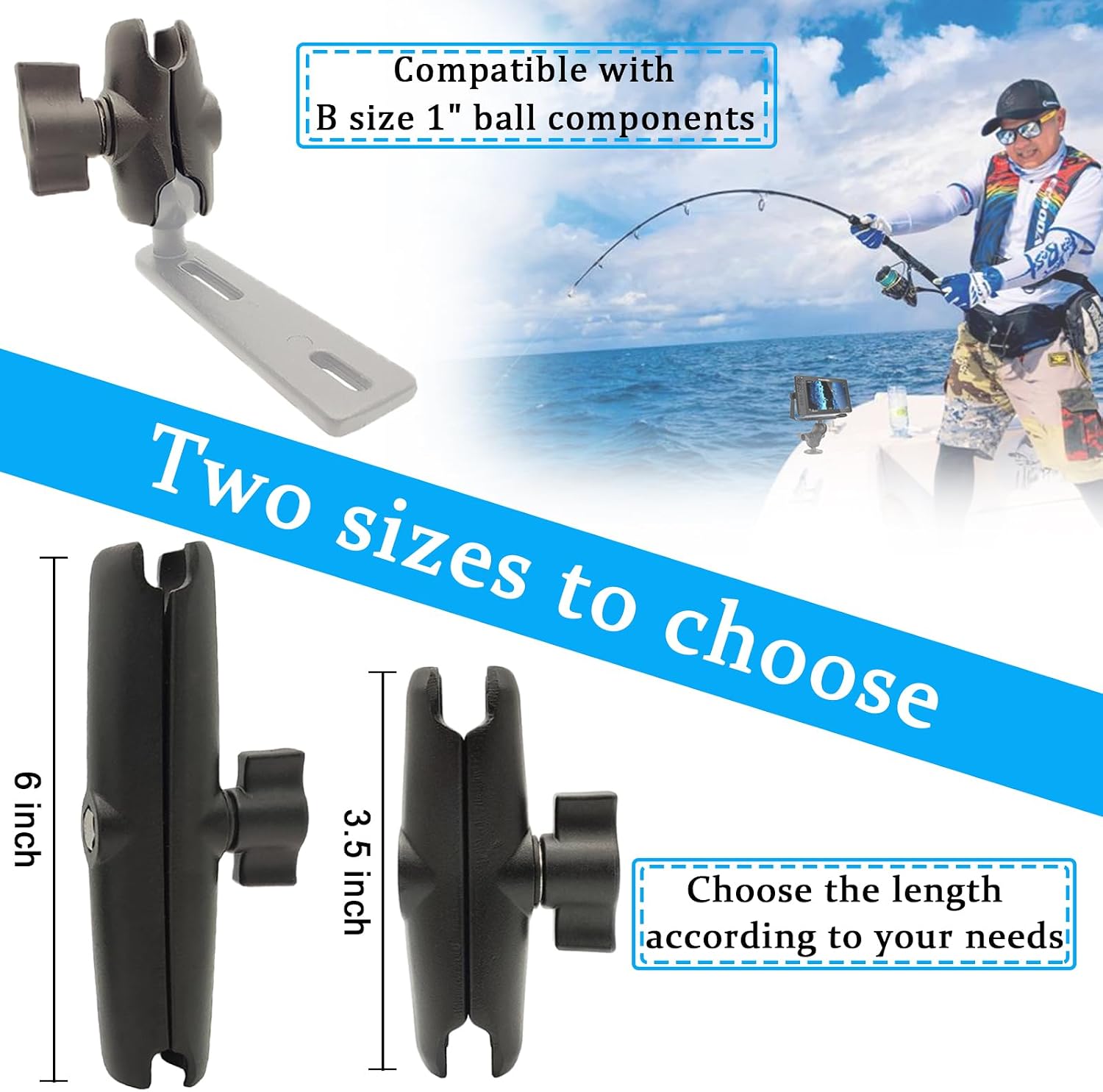 Double Socket Arm Compatible with RAM, Arkon & iBolt B Size 1" Ball Mounts, 6 Inch Swivel Extension Arm Replacement Accessory for Marine Electronics, GPS, Fish Finder Mounts image 2