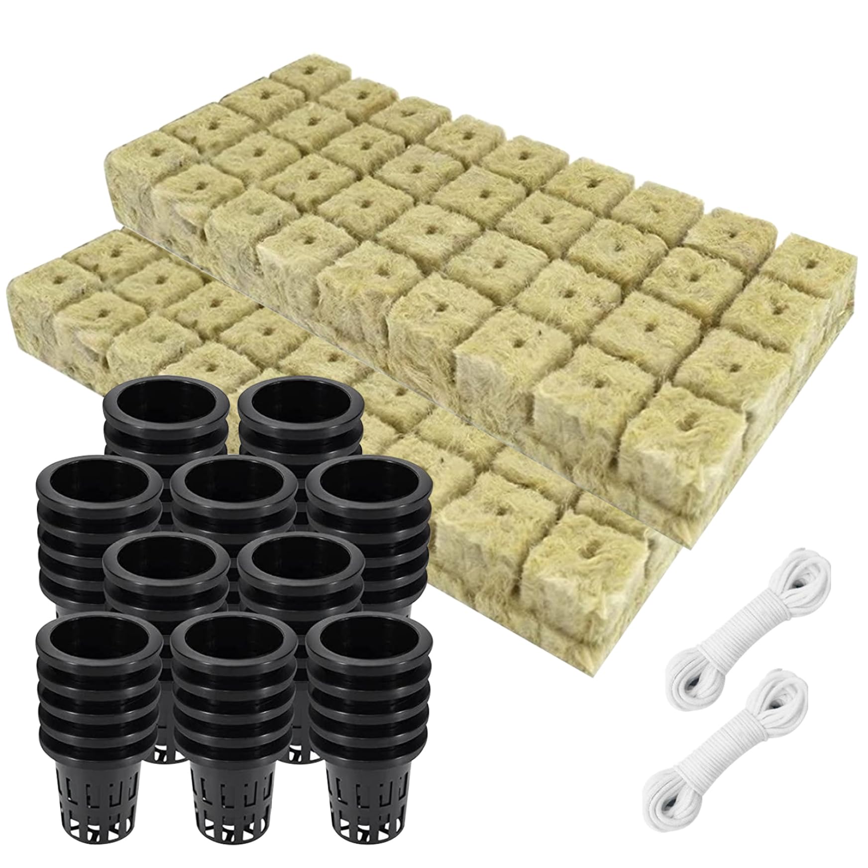 Laine de roche pour culture hydroponique avec pots en filet et cordon | Kit complet 72 bouchons
