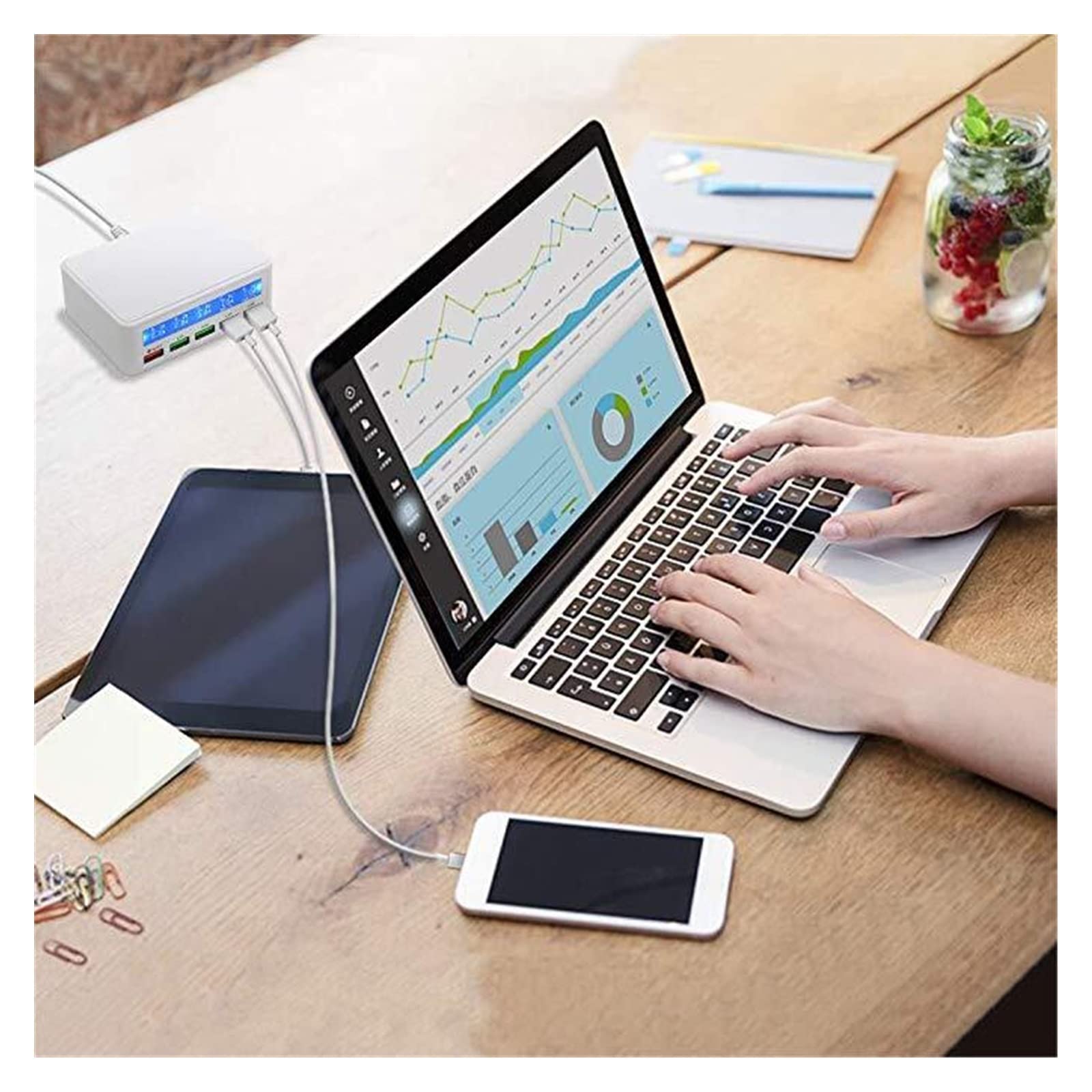 Stacja ładowania Multi, Wielokrotna ładowarka USB, 50W 5-portowa ładowarka biurkowa Stacja ładująca Wieloportowa podróżna szybka ładowarka ścienna Hub z wyświetlaczem LCD do smartfonów, tabletów i inn