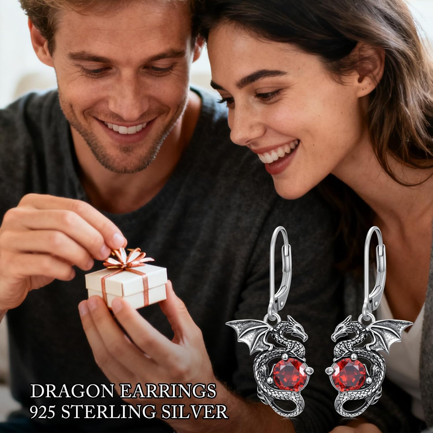 Dragon Dangle Earrings 925 Sterling Silver Vintage 6mm Round Garnet Dragon Leverback Earrings Jewelry Gift For Women - Image 5