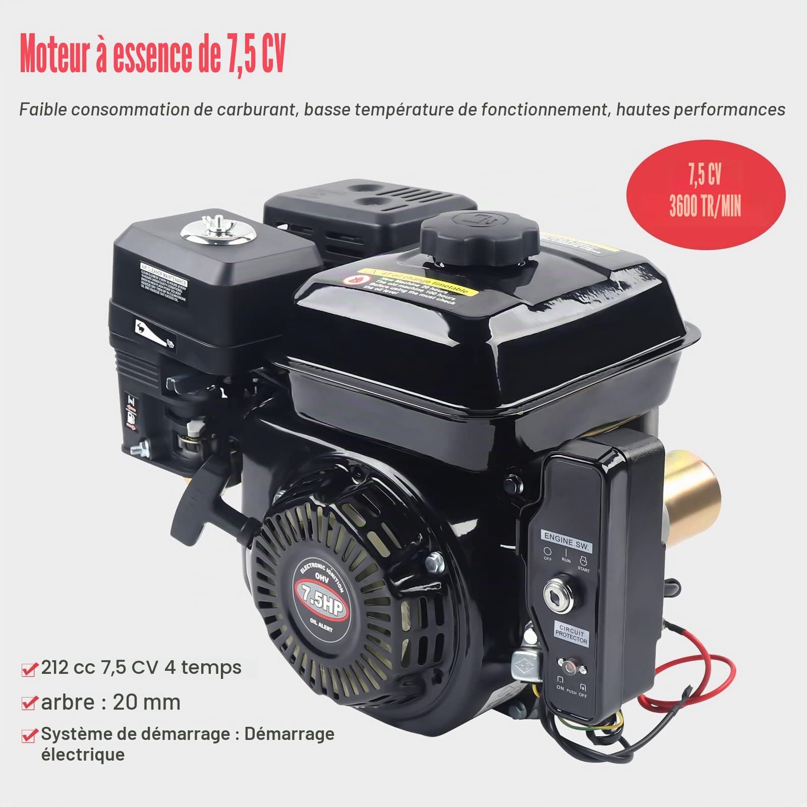 Moteur à essence 4 temps 7,5 CV avec démarreur électrique | Moteur industriel OHV 210 cc (3600 tr/min, couple 10,8 Nm) pour nettoyeur/générateurs haute pression, système de protection refroidi par air