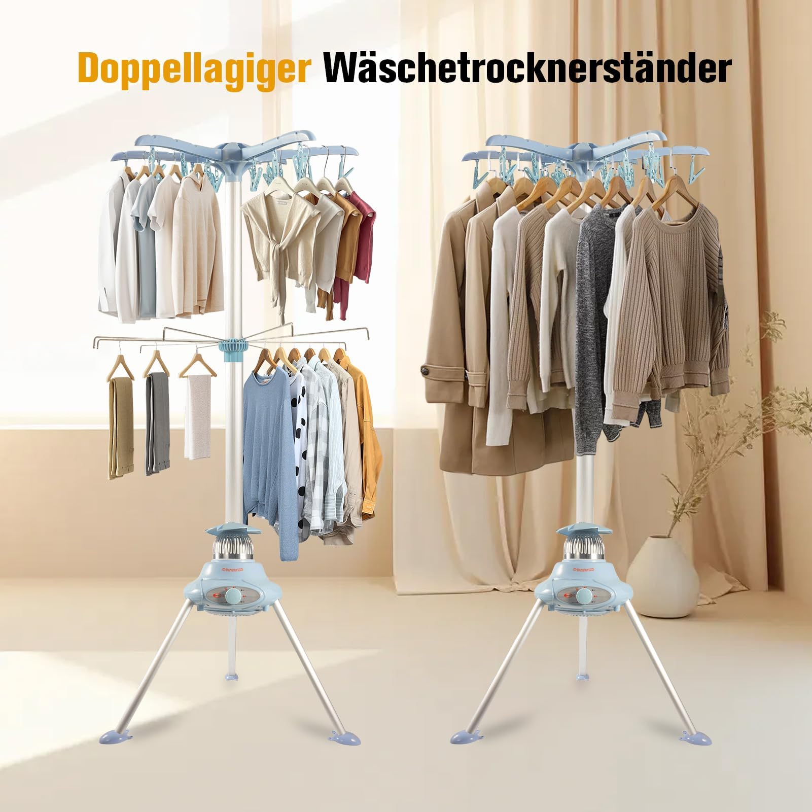 ColdShine Elektrischer Wäschetrockner Tumble Dryer 2-stufiger Faltbarer elektrischer Wäscheständer aus Edelstahl Trockner mit Time 10 kg Kleidung Automatische Abschaltung