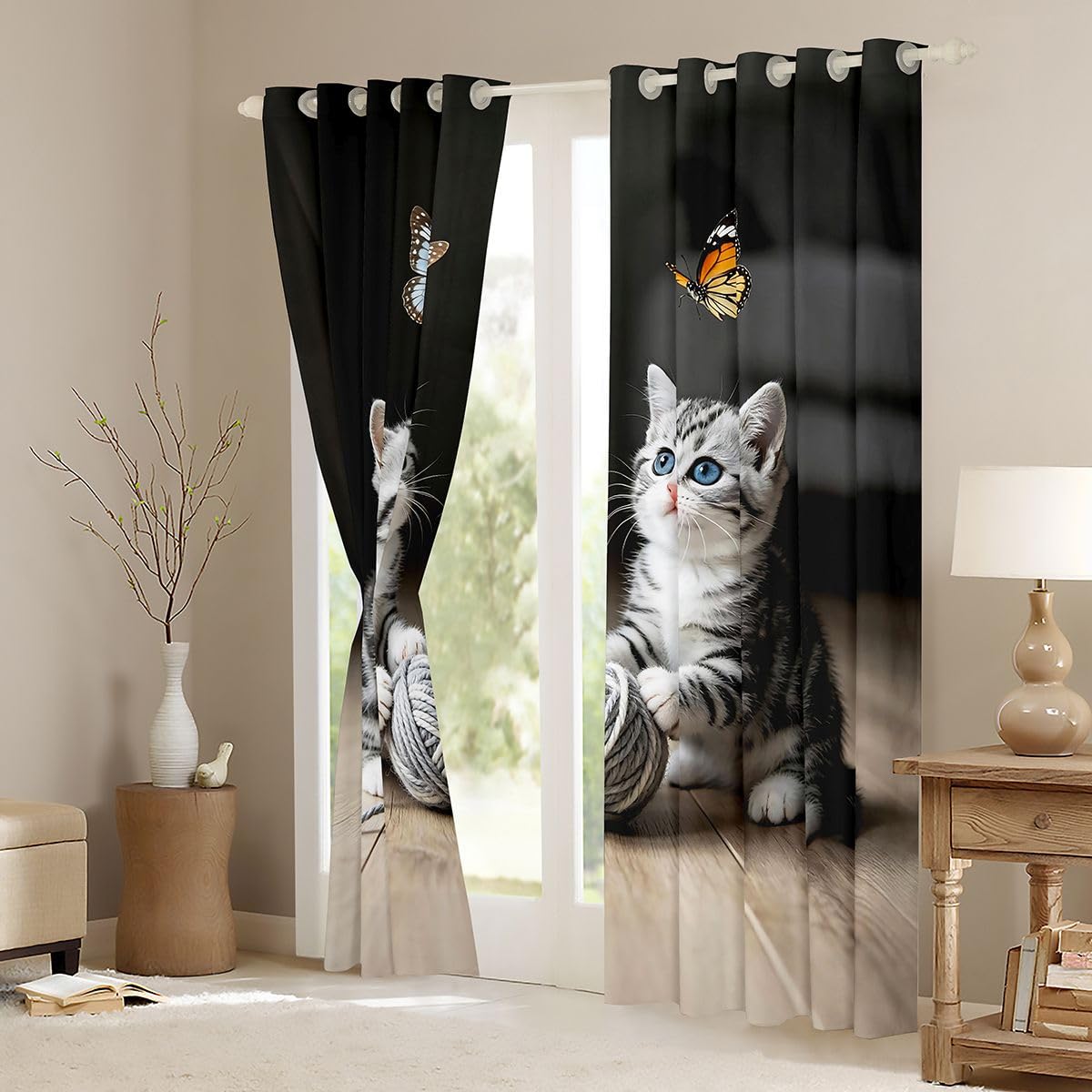 Lot de 2 rideaux de fenêtre Kawaii chat pour adultes et enfants, taille XL, aquarelle, papillon, impression 3D, animaux de compagnie, bons rideaux occultants sur le thème des animaux, 245 x