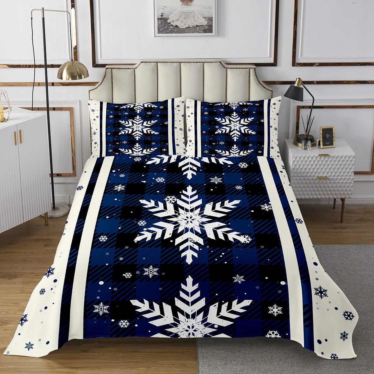 jejeloiu Christmas Snowflake Bedspread Xmas Theme Buffalo Check Checkered Coverlet Set Queen Size for Kids Boys Girls Teens Plaid Grid Quilted Coverlet Blue Black Quilted with 2 Pillow Case