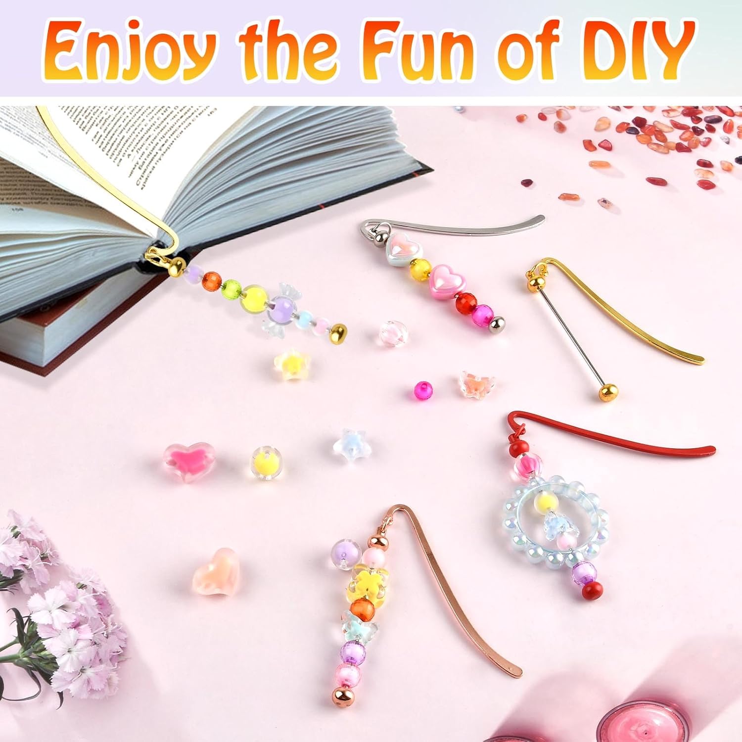 20 Pieces Beadable Bookmarks, Metal DIY Bookmarks Blank Pendant Bar, Book Charms Bookmark with Bead Chains, Beaded Book Mark Craft Lanyards for Students Teachers Office Supplies (10 Color) - Image 7