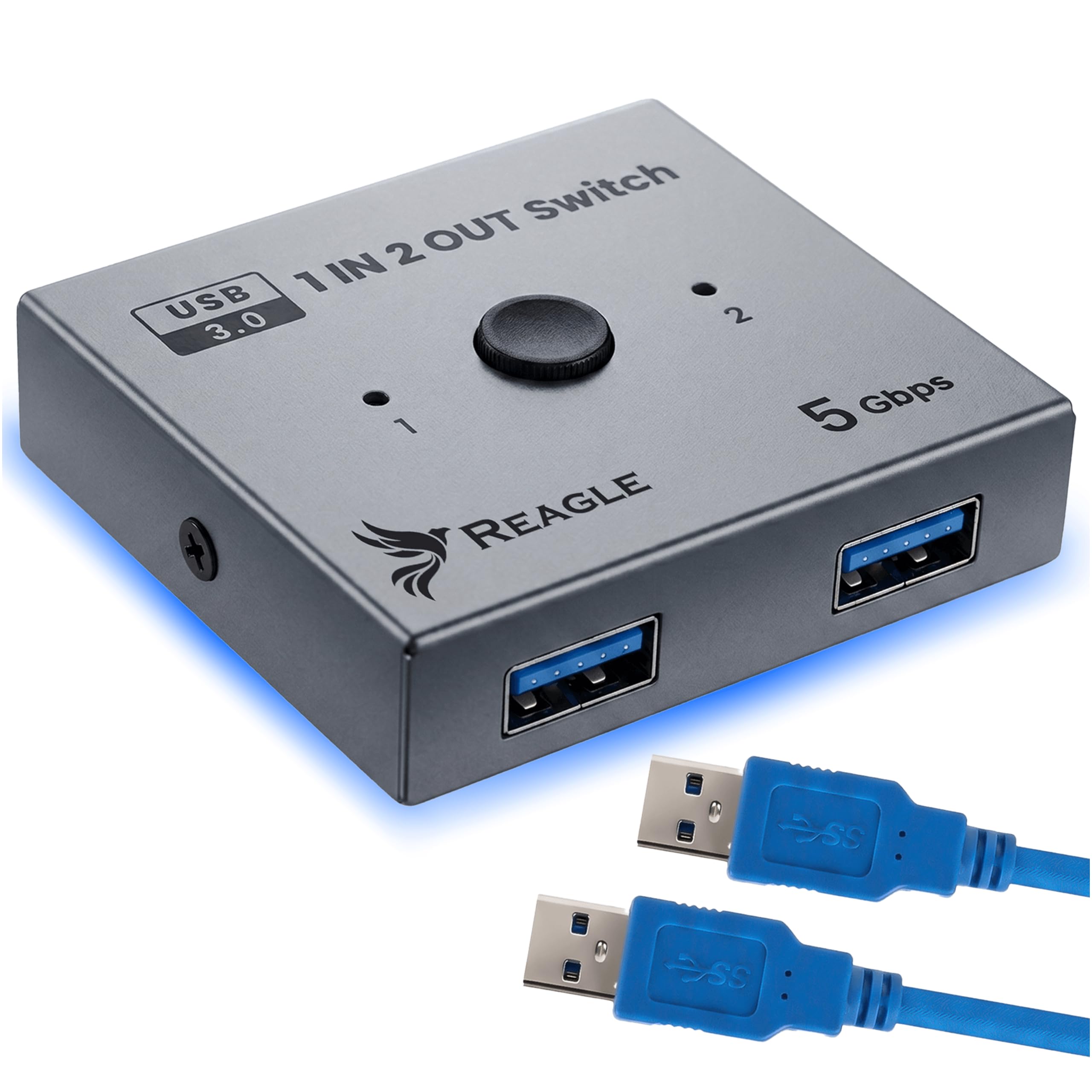 Reagle Switch USB 3.0 1x2 / 2x1, Dwukierunkowy Przełącznik USB A 5Gbps, 3 Porty USB 3.2 Gen 1, Plug & Play Aluminium do Klawiatury Myszy Drukarki Dysku USB PC Mac Linux