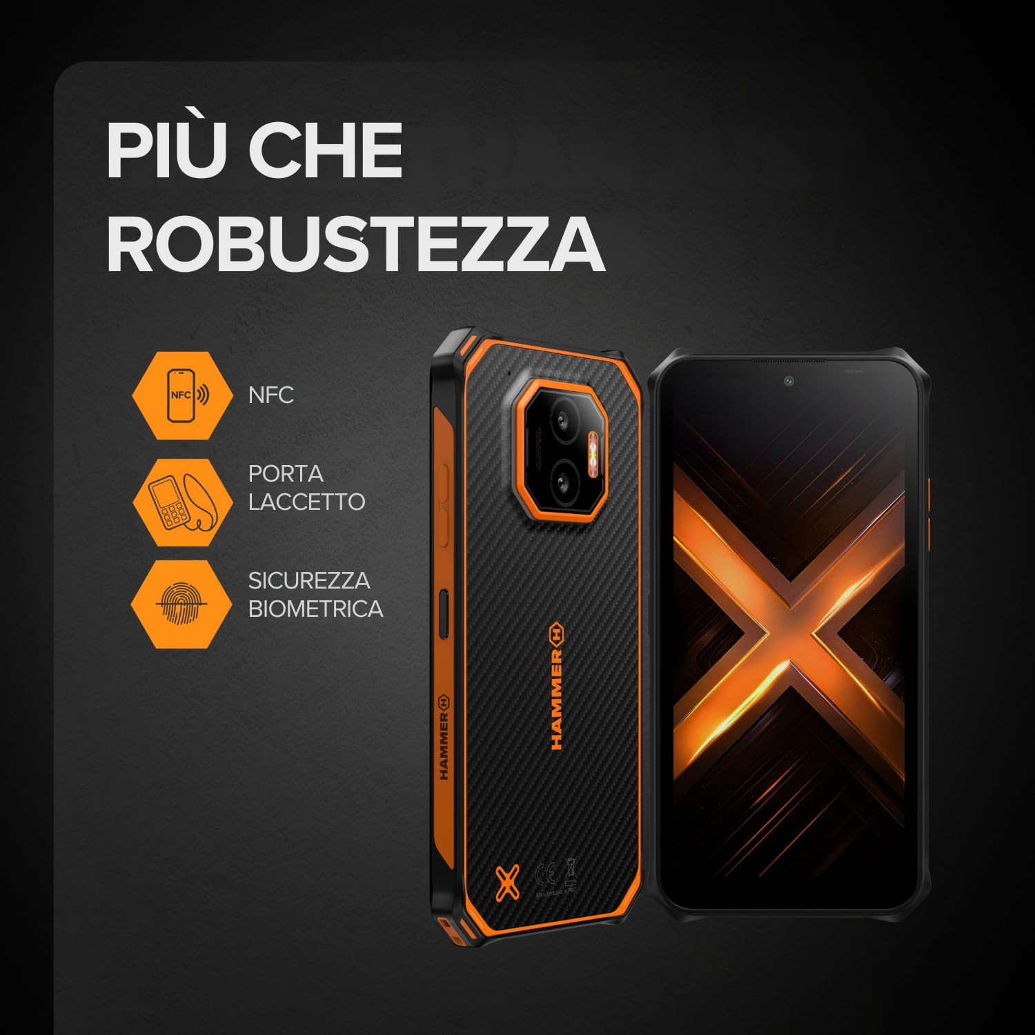 HAMMER ENERGY X2 5G Smartphone rugged Android 15, Telefono indistruttibile 6,1", IP69, 6 + 8 GB RAM, 128 GB di memoria, 5000 mAh, eSIM, garanzia 2 anni