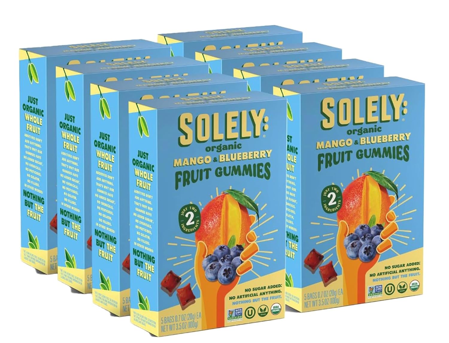 SOLELY - Organic Mango & Blueberry Whole Fruit Gummies (Pack of 8 Boxes, 5 Bags per Box) - Real Fresh Fruit - Healthy Snacks for Adults & Kids - Non GMO, Vegan Snacks, Shelf Stable - 40 Bags (3.5 oz)