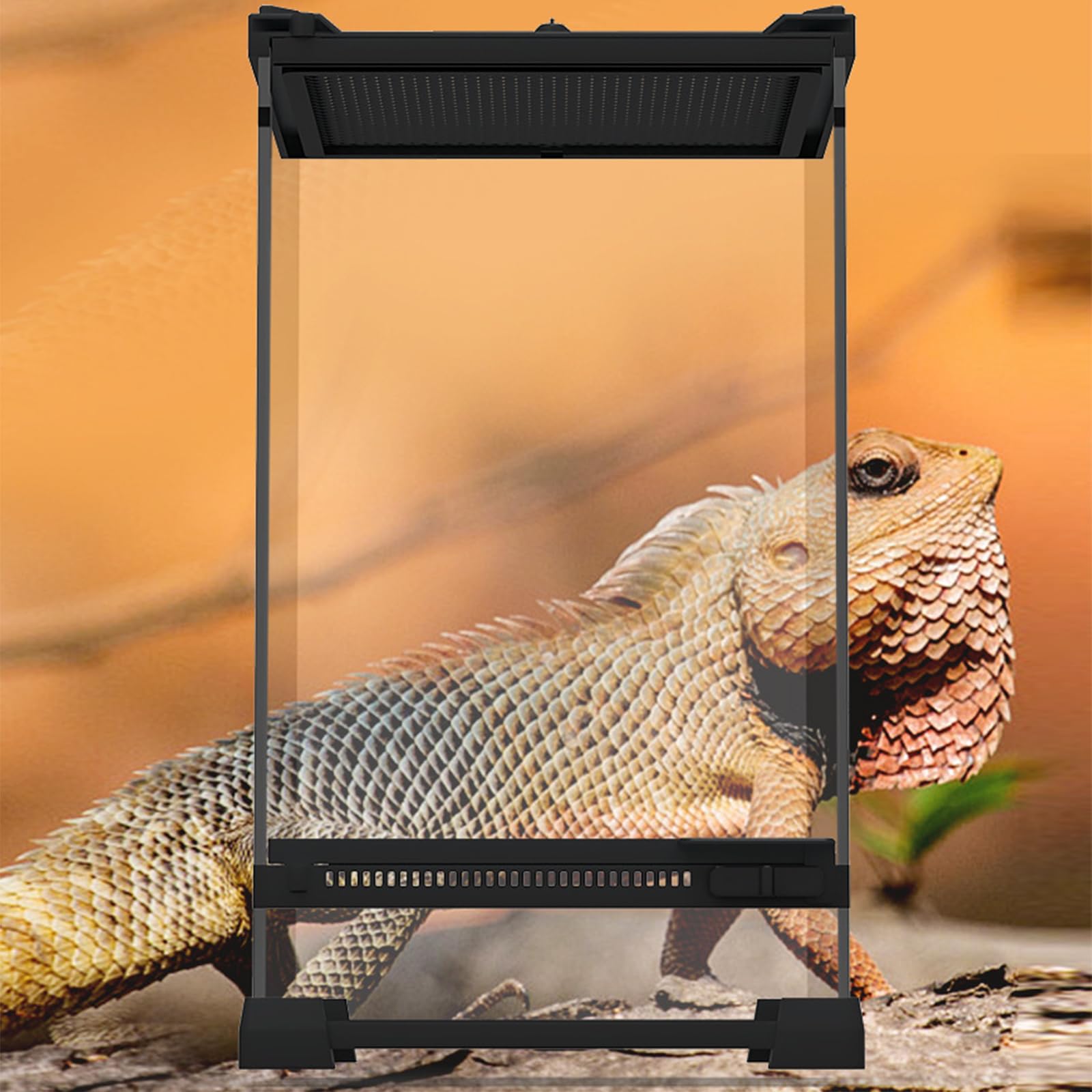Caja de alimentación para reptiles, terrario con ventilación frontal, terrario de cristal con cierre giratorio a prueba de fugas, recipiente multiusos para reptiles, anfibios, negro, 20 x 20 x 30 cm