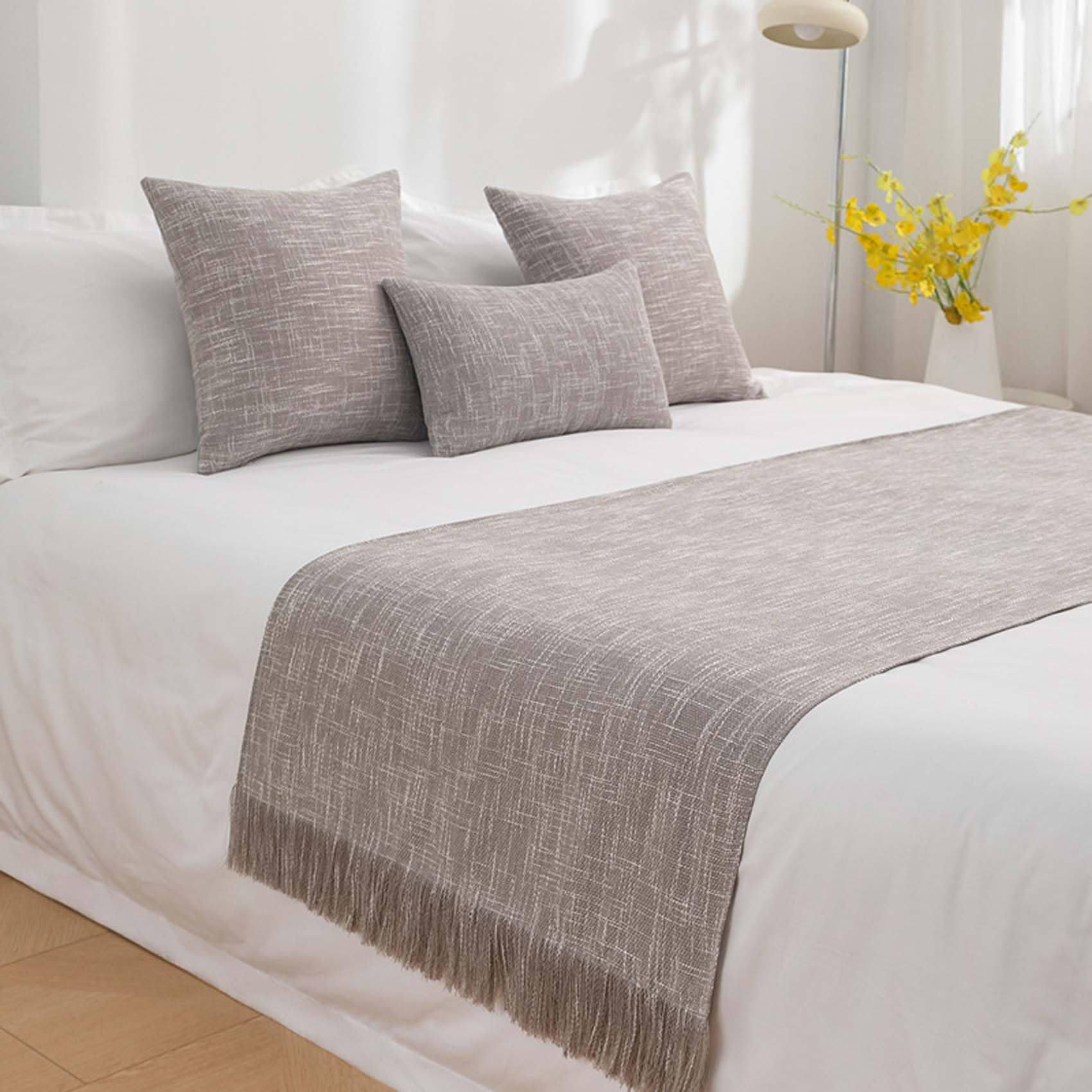 Moderner Leinen-Bettläufer mit Quasten, farbecht, inklusive 2 Kissenbezügen – Dekoratives Bettaccessoire für Zuhause und Hotelzimmer (50 * 210CM(1.5mbed))