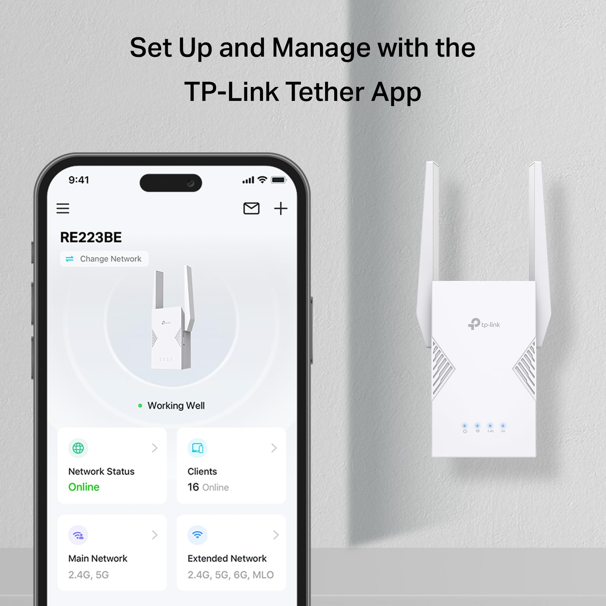 TP-Link BE3200 - Range Extender Wi-Fi 7 RE223BE con porta Gigabit Ethernet | Ripetitore wireless dual-band da 3,2 Gbps | Booster di segnale Internet per la casa | Fino a 2400 piedi quadrati, 64
