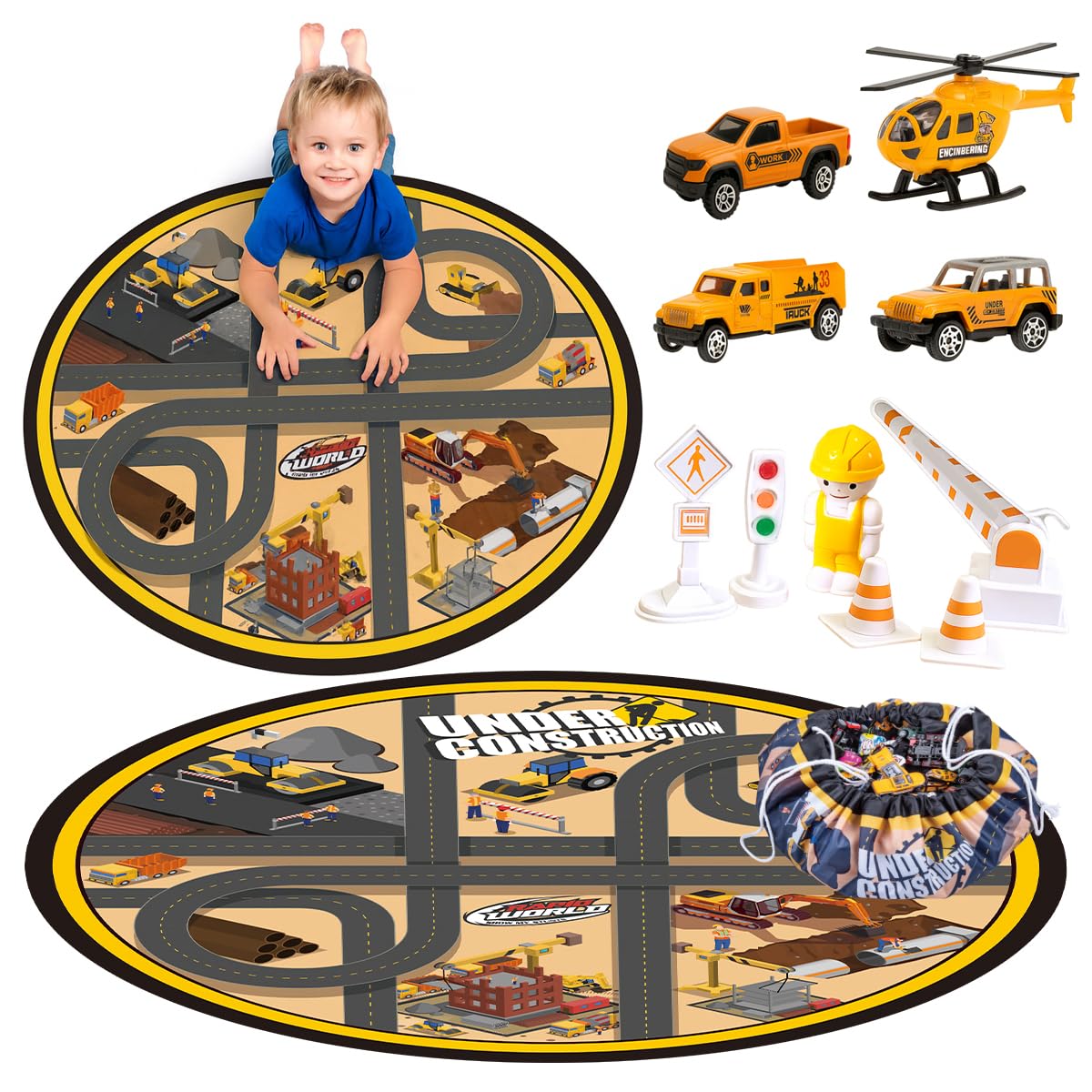 Toyana 2-in-1 Play Mat & Drawstring Tidy Bag, 15 PCs Construction Playset Toy Cars & Sign Board, City Road Play Rug & Car Map, Toy Storage Bag for Indoor Outdoor Activity Playmat for Kids & Toddlers