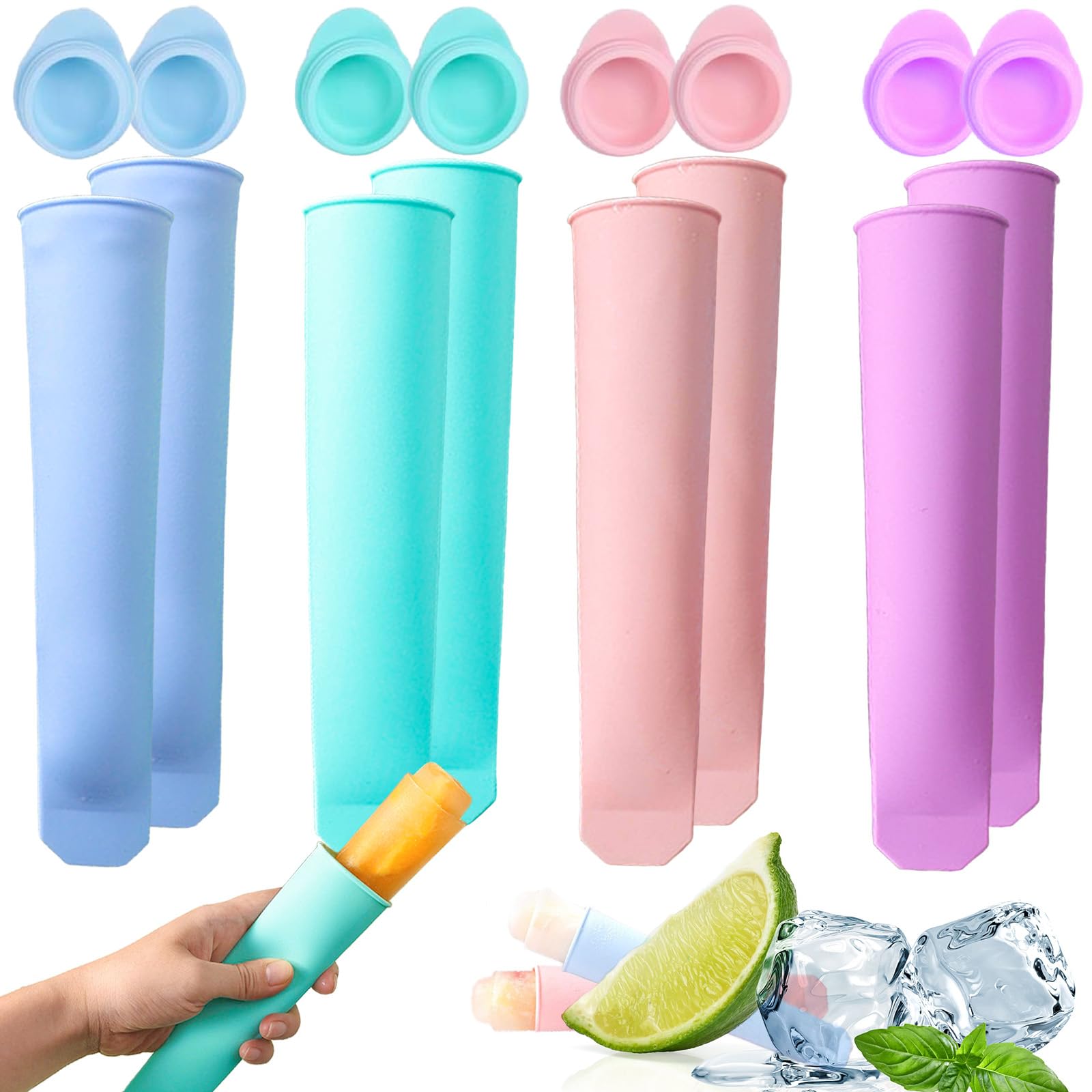 KEELYY Eisformen Silikon 8 Stück Eisformen eis am stiel Silikonform Eistüten mit Deckel, Wassereis Formen Tüten Wiederverwendbar Popsicle Eisform für Wassereis