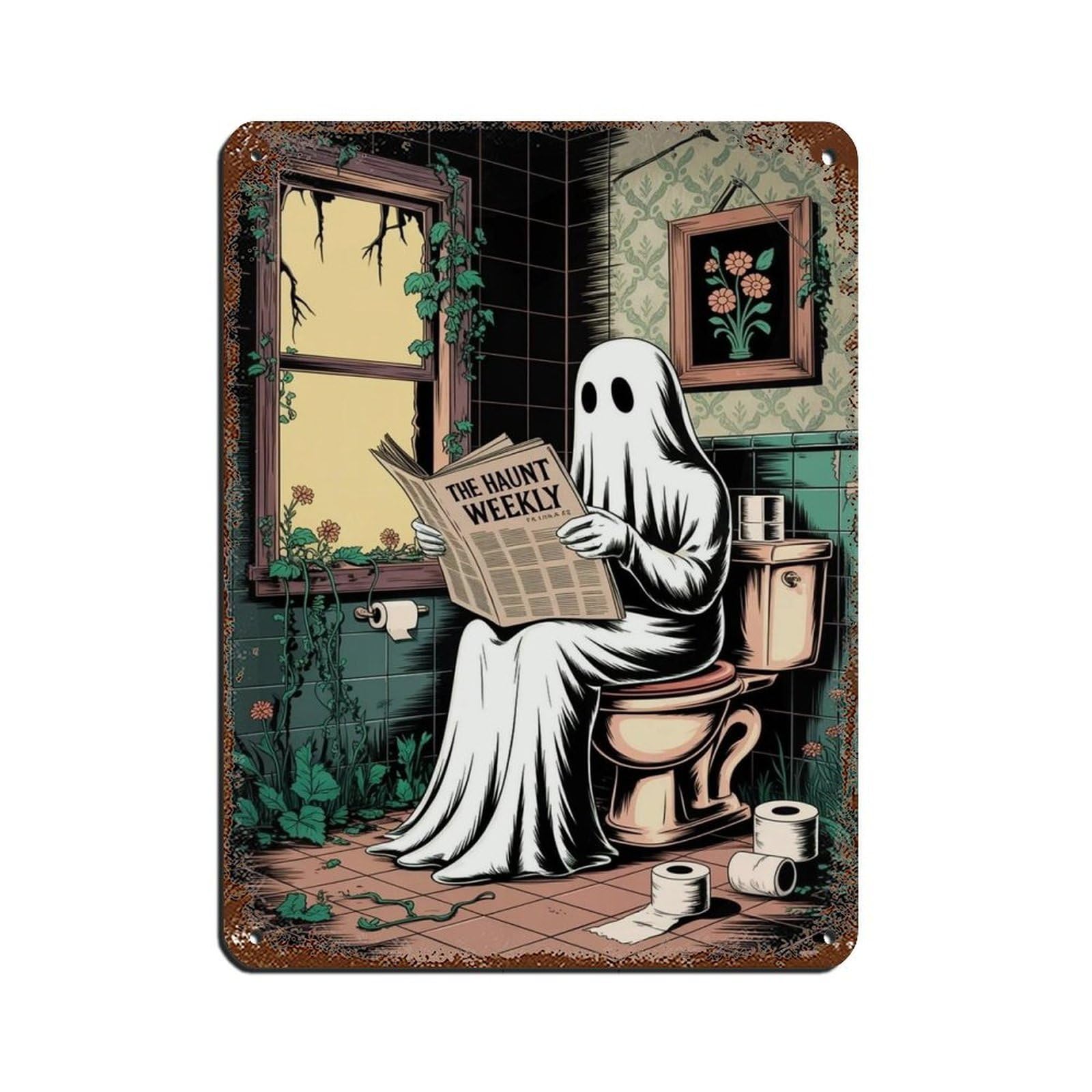 Ghost Reading A Newspaper on Toilet Poster (6) Tin Sign Vintage Metal Pub Club Cafe Bar Home Wall Art Decoration Poster Retro 12x16inch(30x40cm)
