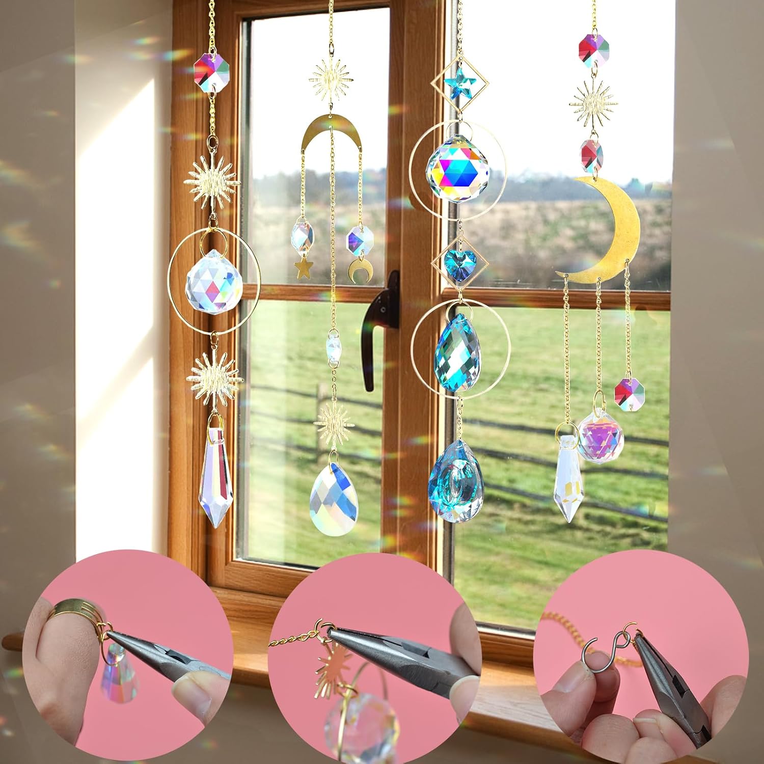 370 Pcs Crystal Suncatcher Kits Hanging Chandelier Crystals Prisms Parts Rainbow Maker Pendants for Stained Glass Window Hanging DIY Sun Catchers Beads Indoor Window Outdoor Garden Decor (Gold) image 3