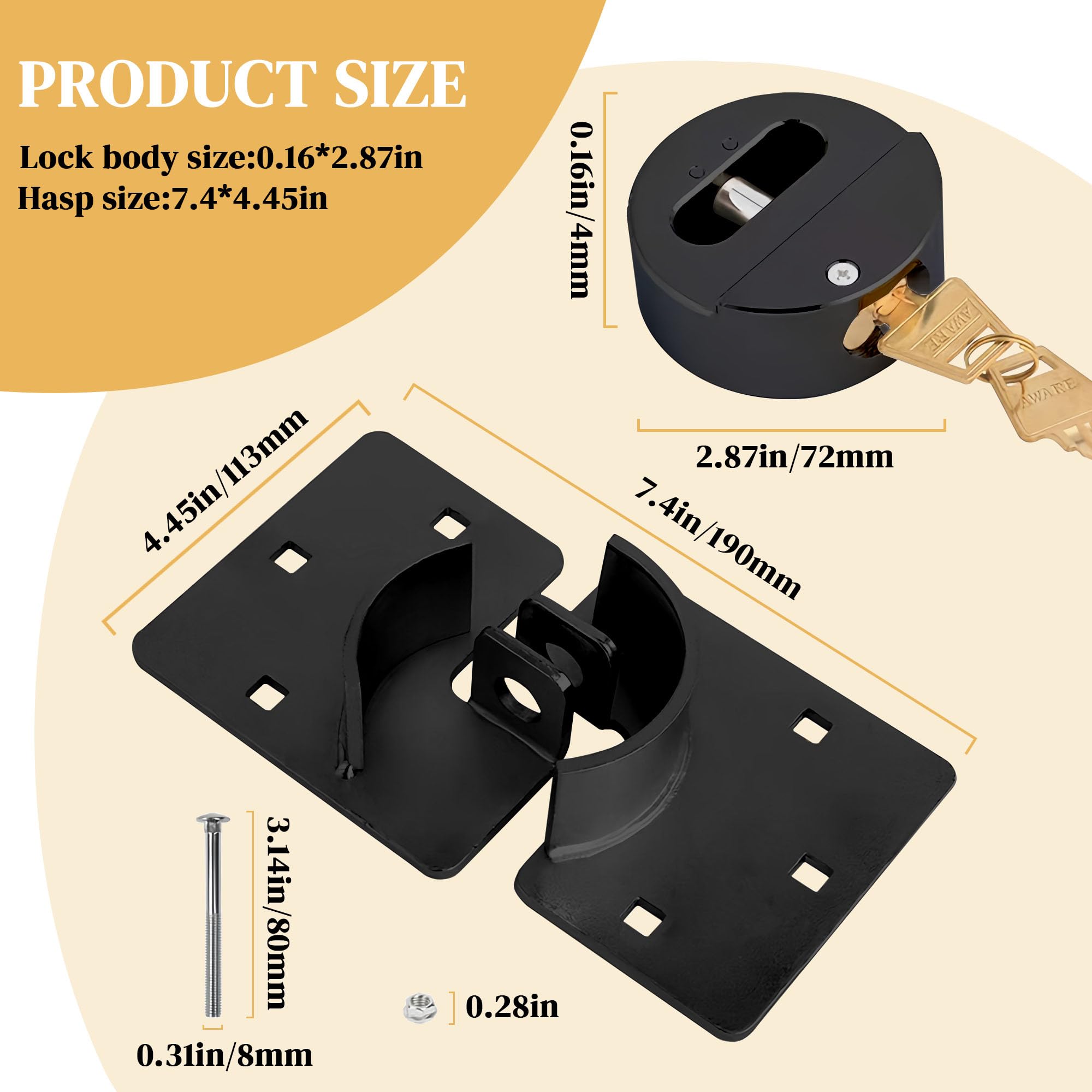 Van-Türschlösser, gleichschließend, robust, massiver Stahl, versteckter Bügel, Vorhängeschloss und Überfalle, Set mit 4 Schlüsseln und 80 mm Schrauben für Lieferwagen, LKW, Tore, Anhänger,