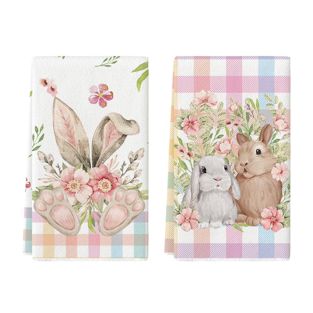 Artoid Mode Colorful Buffalo Plaid Bunny Rabbit Flower Easter Kitchen Towels Dish Towels, 18x26 Inch Seasonal Decoration Hand Towels Set of 2