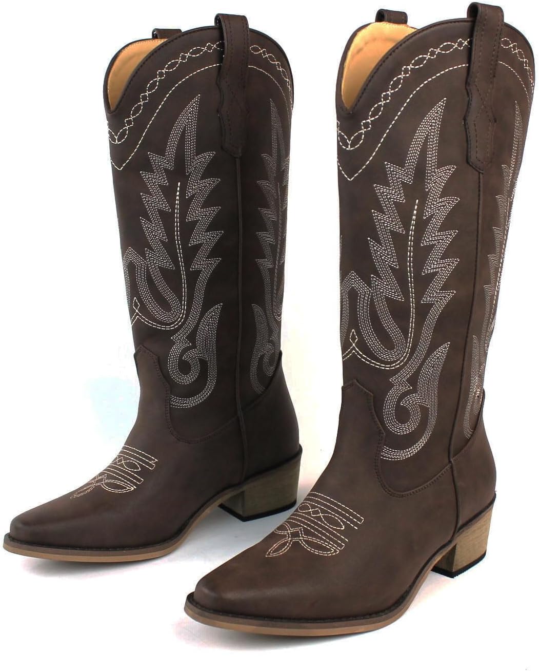AZAR MAN Women's Western Cowboy Snip Toe Embroidered Leather Knee High Cowgirl Boots Wide Calf