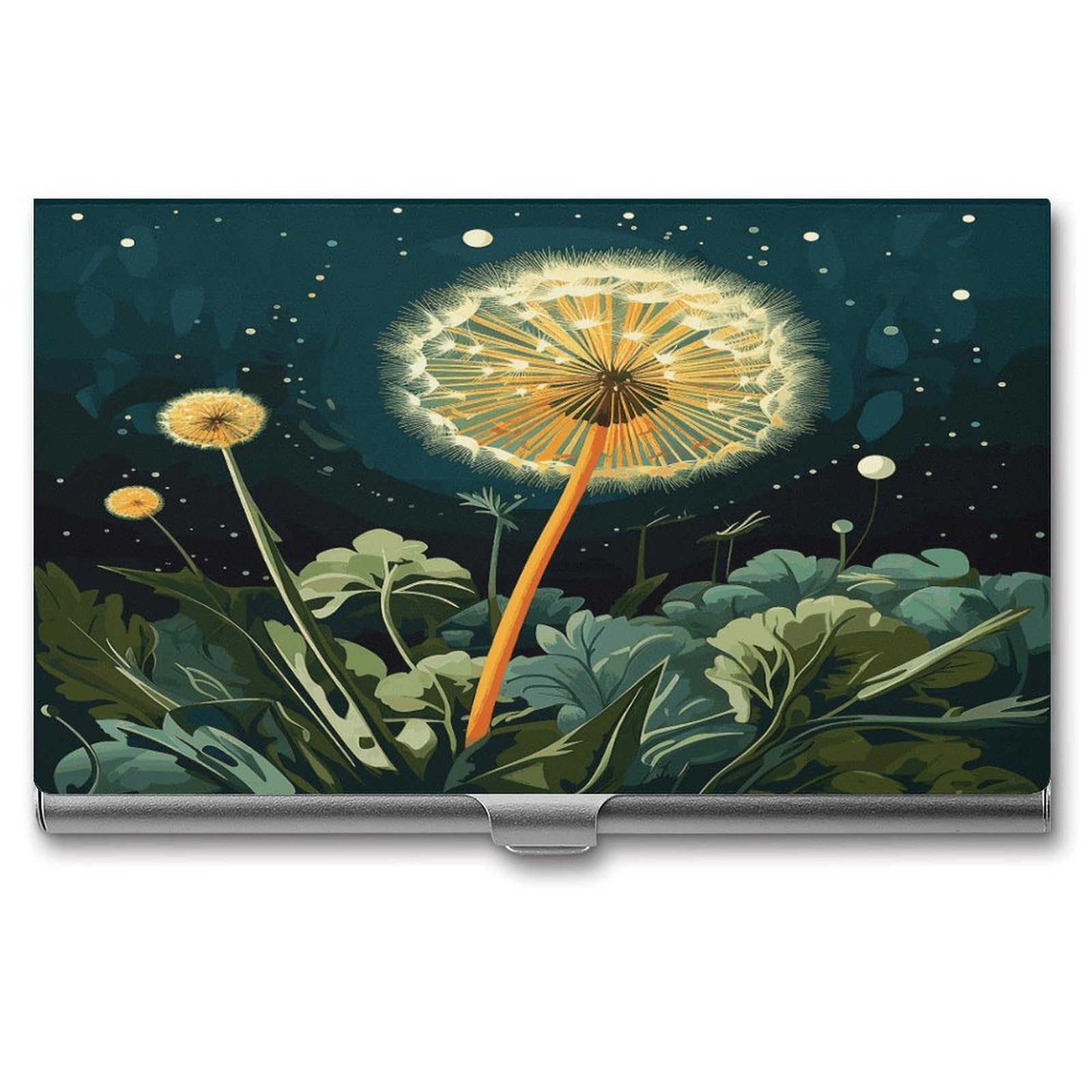 JTREHY Dandelions at Night Business Card Holder Slim Purse Name Card Holder Portable Metal Business Card Case Wallet Large Capacity Lightweight Business Card Case for Men Women