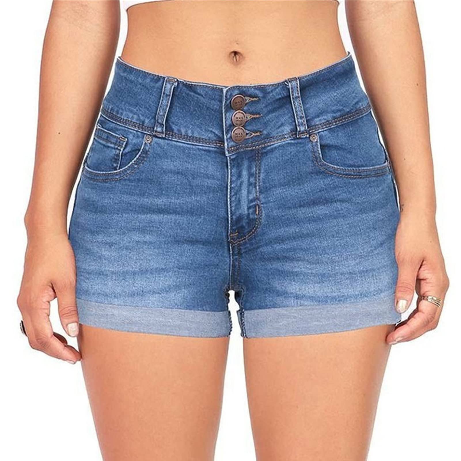 JEKE-DG Women's Solid Color Rolled Hem Denim Shorts Casual Folded Hem Jean Shorts High Waisted Stretchy Jeans Shorts (XX-Large,Blue)