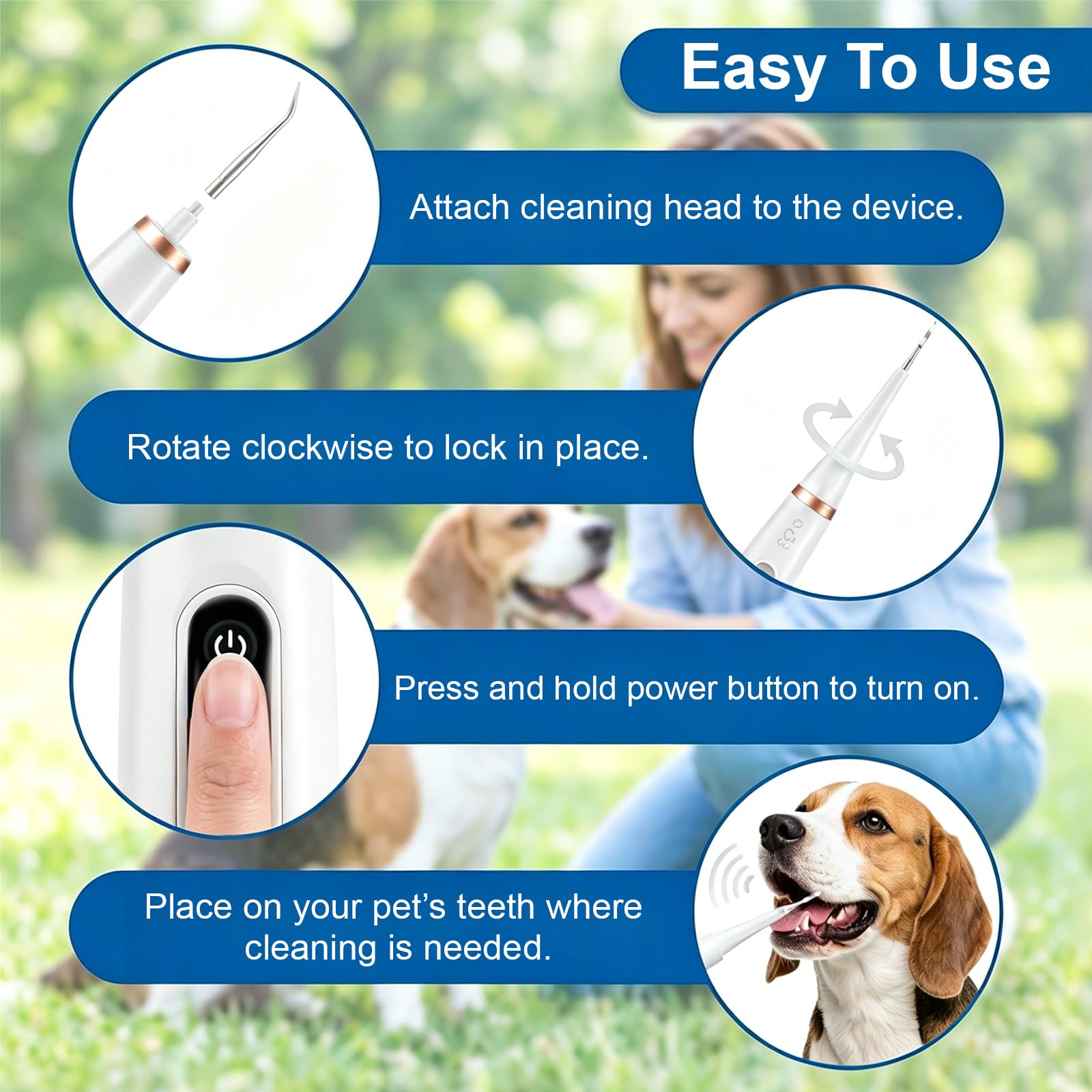 Limpiador Dental Ultrasónico para Perros y Gatos Blanco – 5 Modos con LED, Detección de Encías, IPX7, Recargable USB-C, Kit Completo