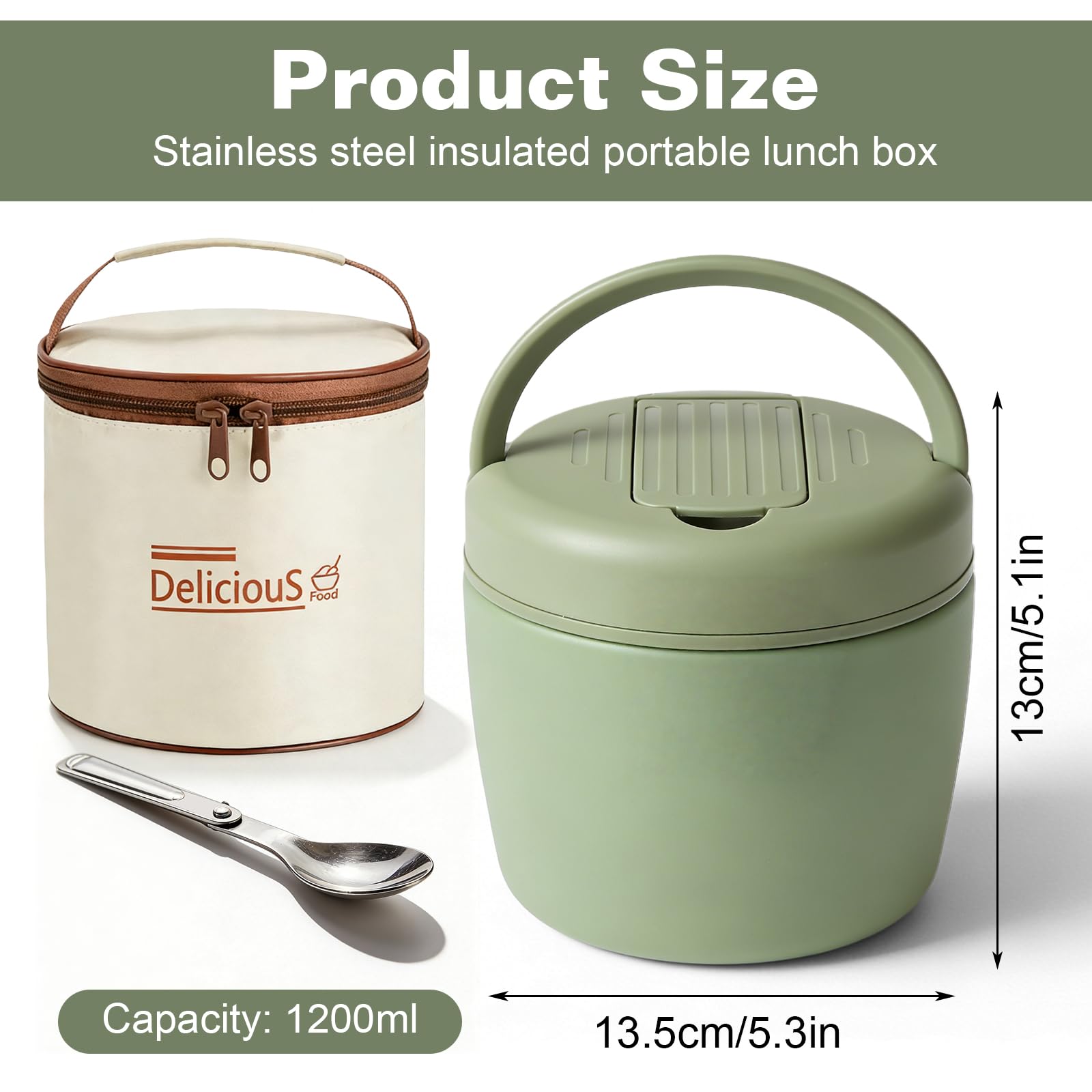 Contenitore termico per alimenti, 1200 ml: contenitore termico a doppia parete, in acciaio inox, a prova di perdite, con coperchio, termico, per ufficio, scuola, attività all'aperto (verde