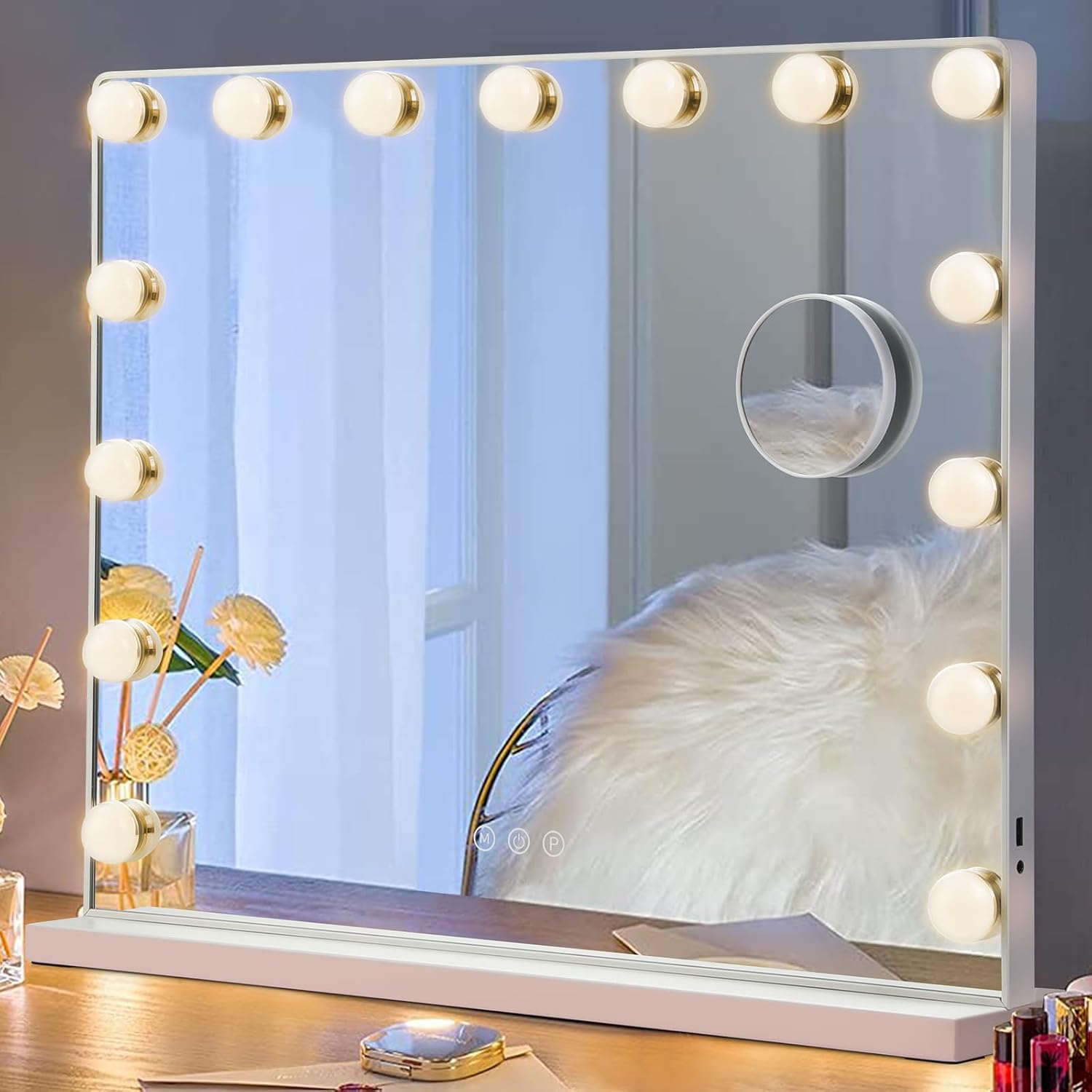 TEMFAU Hollywood Dressing Table Mirror, 15 LED Cosmetic Mirror with 10x