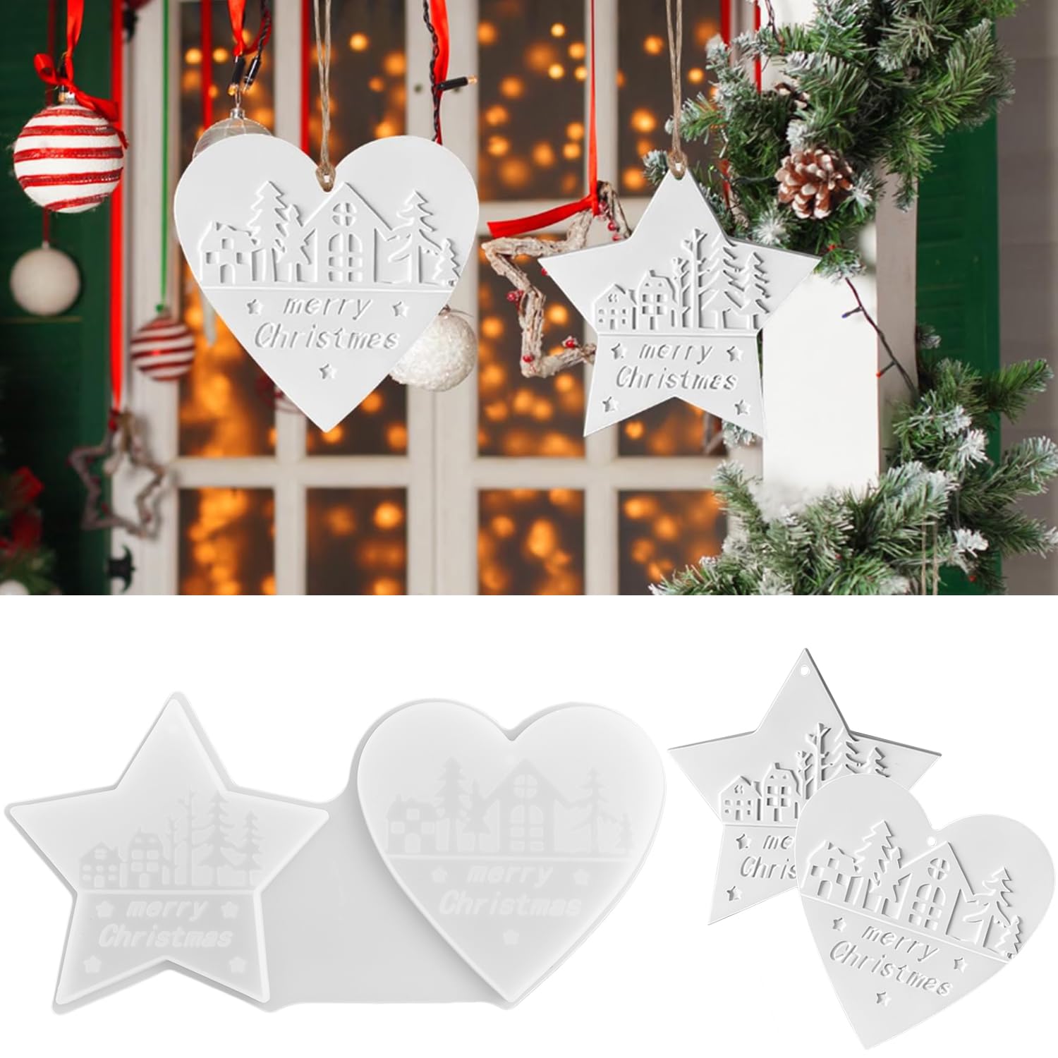 Silicone Moulds for Christmas Casting, 2-Pack Plaster Moulds with Tree, Star, and Heart Designs