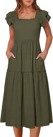 Caracilia Womens Summer Maxi Dress 2026 Casual Ruffle Short Sleeve Square Neck Smocked Flowy Sundress Beach Vacation Clothes