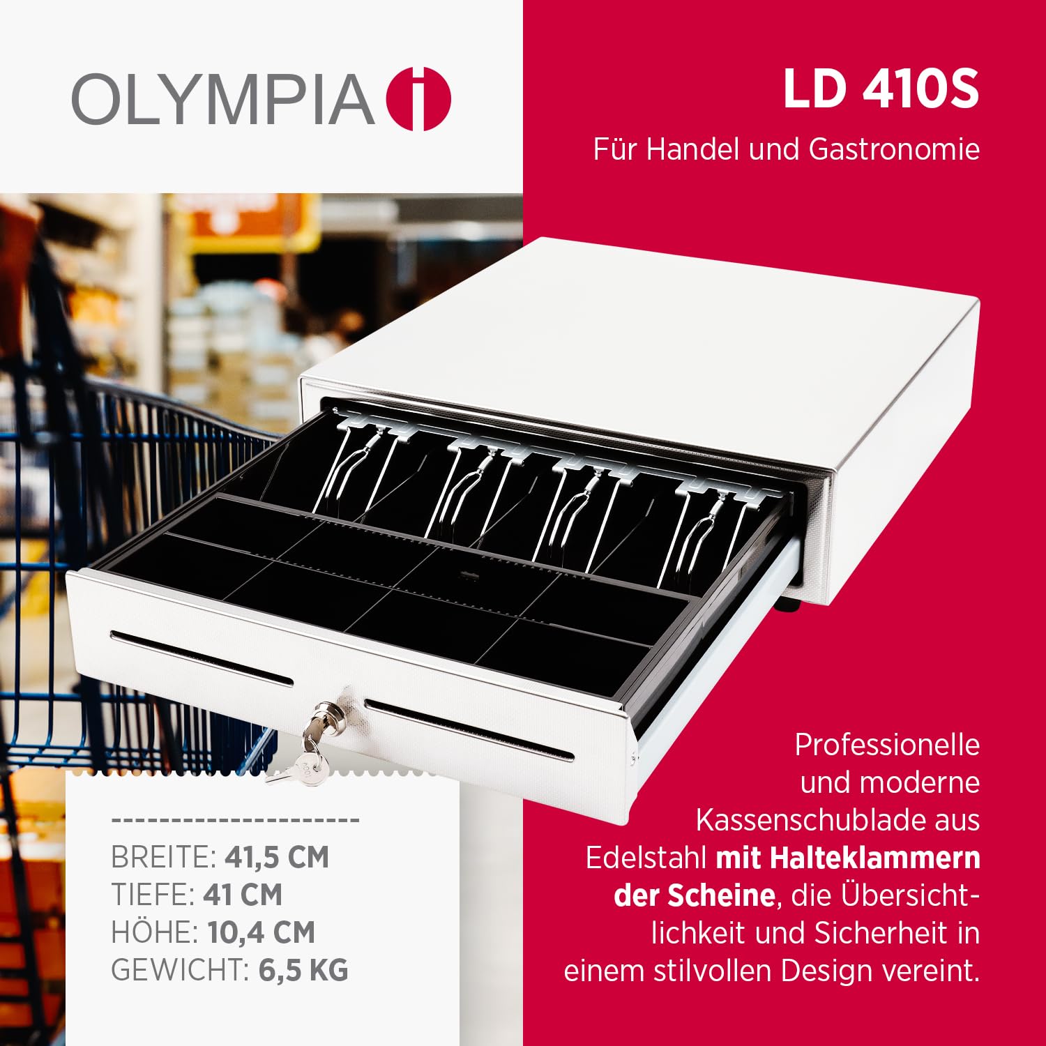 Olympia LD 410S Kassenschublade | Geldkassette abschließbar mit Einwurfschlitz | RJ12-kompatibel | 8 Münz- & 4 Scheinfächer+Halteklammern | Metallgeldbox für Handel & Gastronomie | 41,5x41x10,4 cm