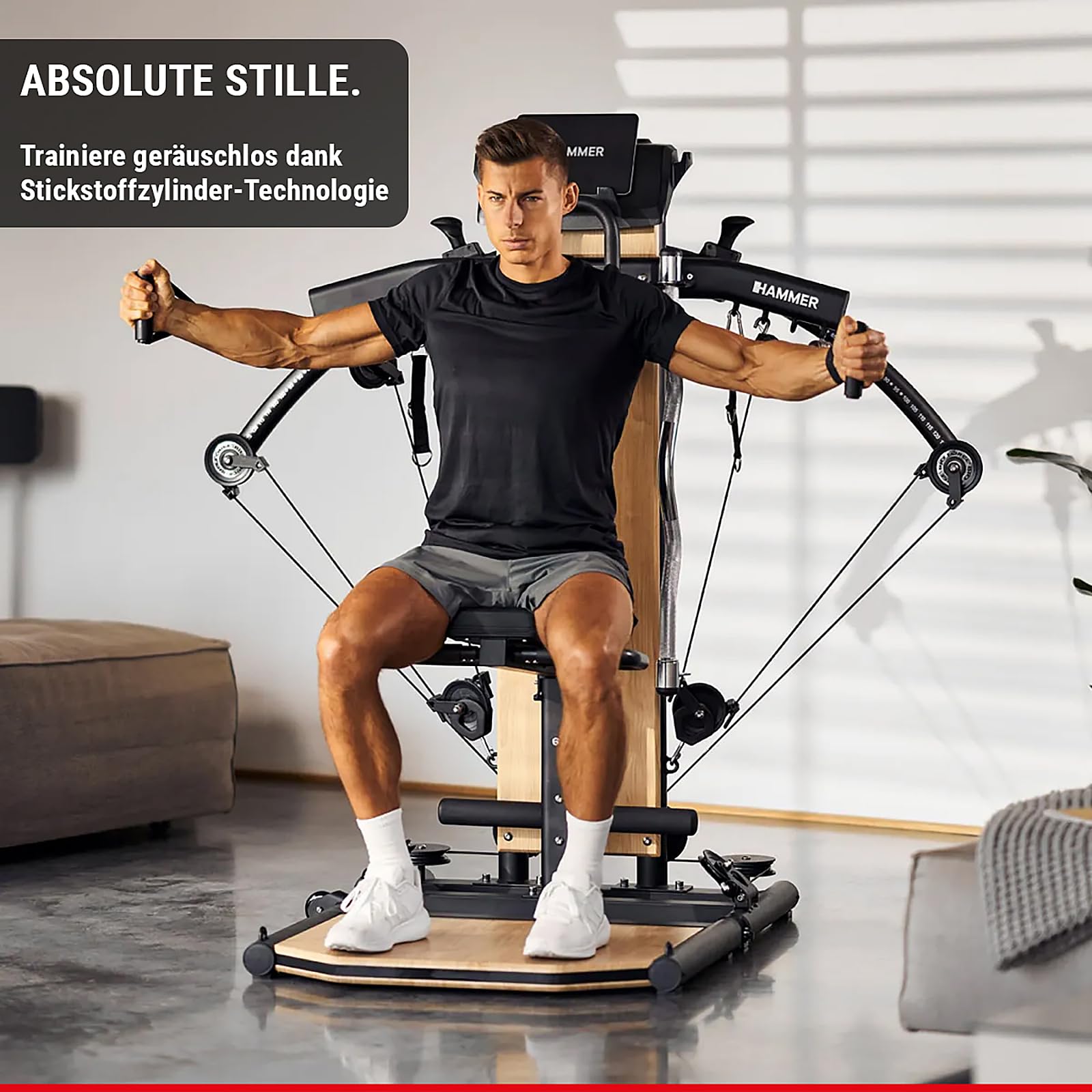 HAMMER Kraftstation BioForce MX NorsK - Fitnessstation für Zuhause, Bauchtrainer, Latzug, TNT-Widerstandstechnologie, Fitness Tower mit 125 kg Zuggewicht, über 80 Übungen, Platzsparend