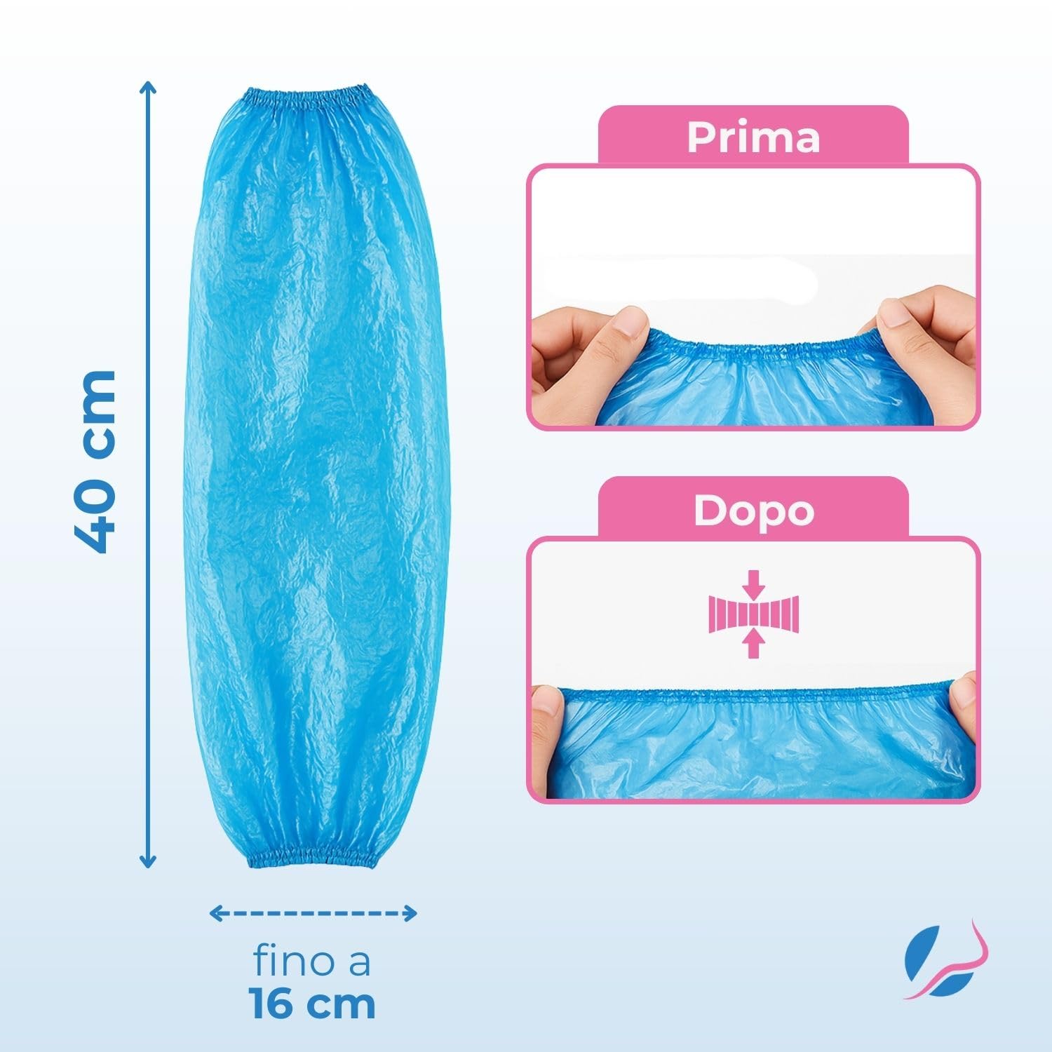 100 Manicotti per Braccia Monouso in Polietilene, Resistenti e Impermeabili con Doppio Elastico, Ideali per Lavoro e Uso Domestico, 16x40 cm, Azzurro