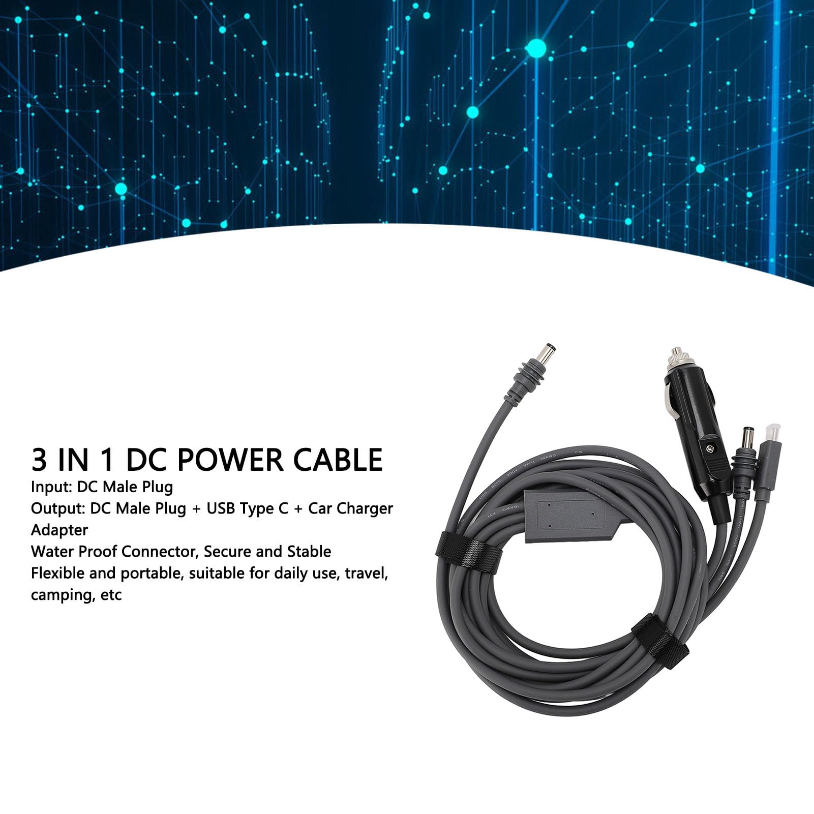 Przewód zasilający DC do USB C do Mini, 3 w 1 100 W adapter ładowarki samochodowej Wodoodporny kabel Mini, zewnętrzny przewód zasilający DC do podróży,