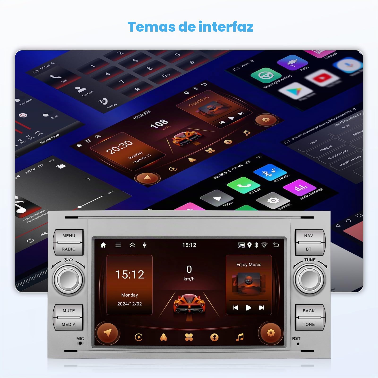 2G 64G Radio Coche Inalámbrica Carplay para Ford Fiesta Focus Transit Mondeo C-MAX S-MAX 7'' 2 DIN Android13 Pantalla Radio con GPS Android Auto Bluetooth WiFi RDS FM Mic Cámara Trasera (Blanco)