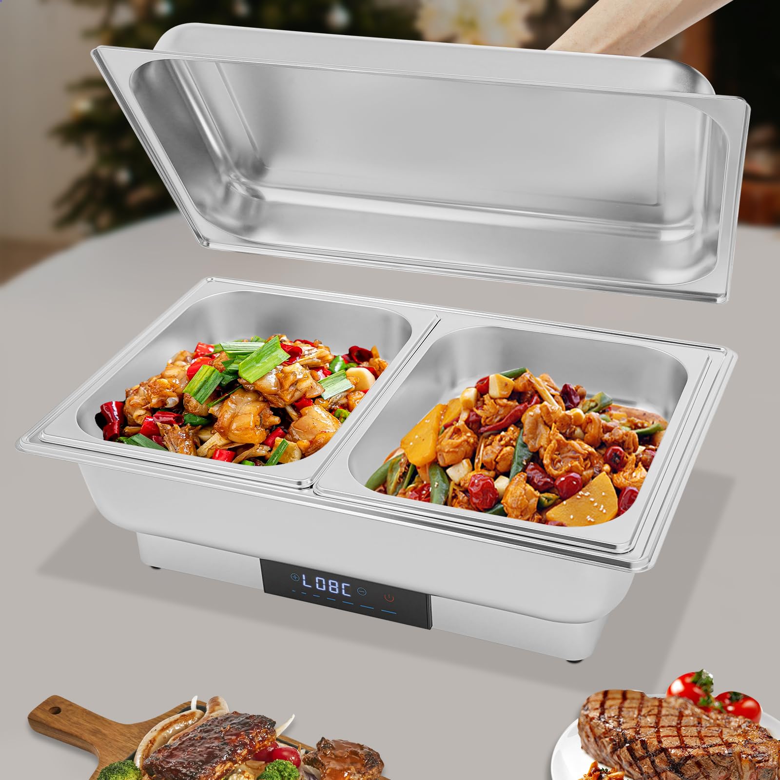 Calentador de buffet eléctrico, calentador de alimentos, buffet Chafing Dish, acero inoxidable, con control de temperatura para catering y buffet, 600 W, 9 l, para platos fríos y calientes