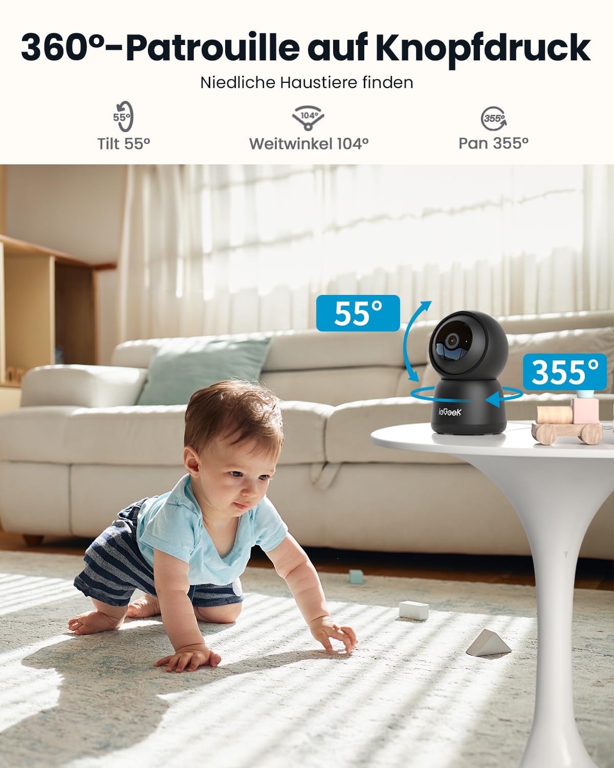 Reolink 3K PT-binnencamera, automatische tracking, 5 MP verbeterd nachtzicht, huilendetectie