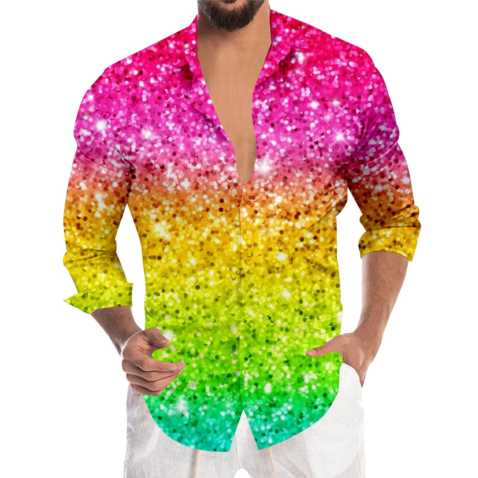 Glitter Shirt Men's Sequin Metallic Shiny Slim Fit Satin Long Sleeve Casual Business Shirts for Carnival Night Club 70s Disco Party Fancy Dress Costumes Hot Pink