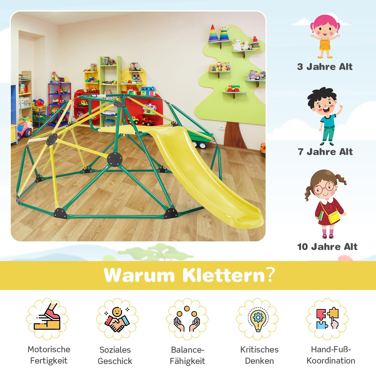 COSTWAY Kopuła wspinaczkowa ze zjeżdżalnią, kopuła do wspinaczki z platformą materiałową, nośność 180 kg, plac zabaw na świeżym powietrzu i wewnątrz dla dzieci od 3 lat (zielona + żółta, Ø 183 cm)